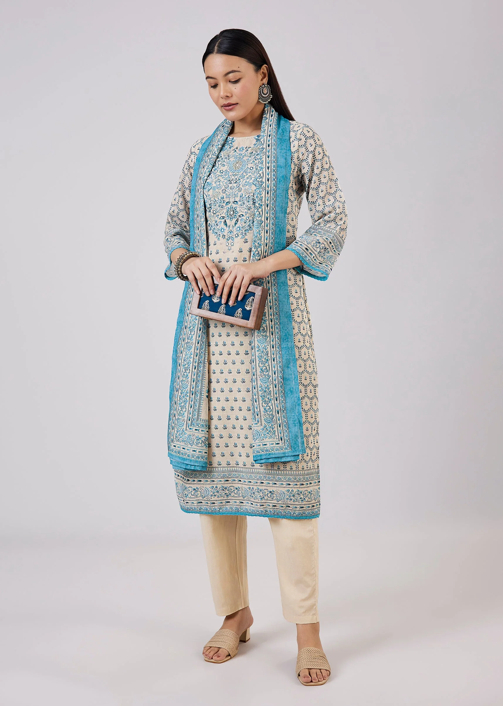 Blue Linen Kurta Set With Sequins And Thread Work - Image 3