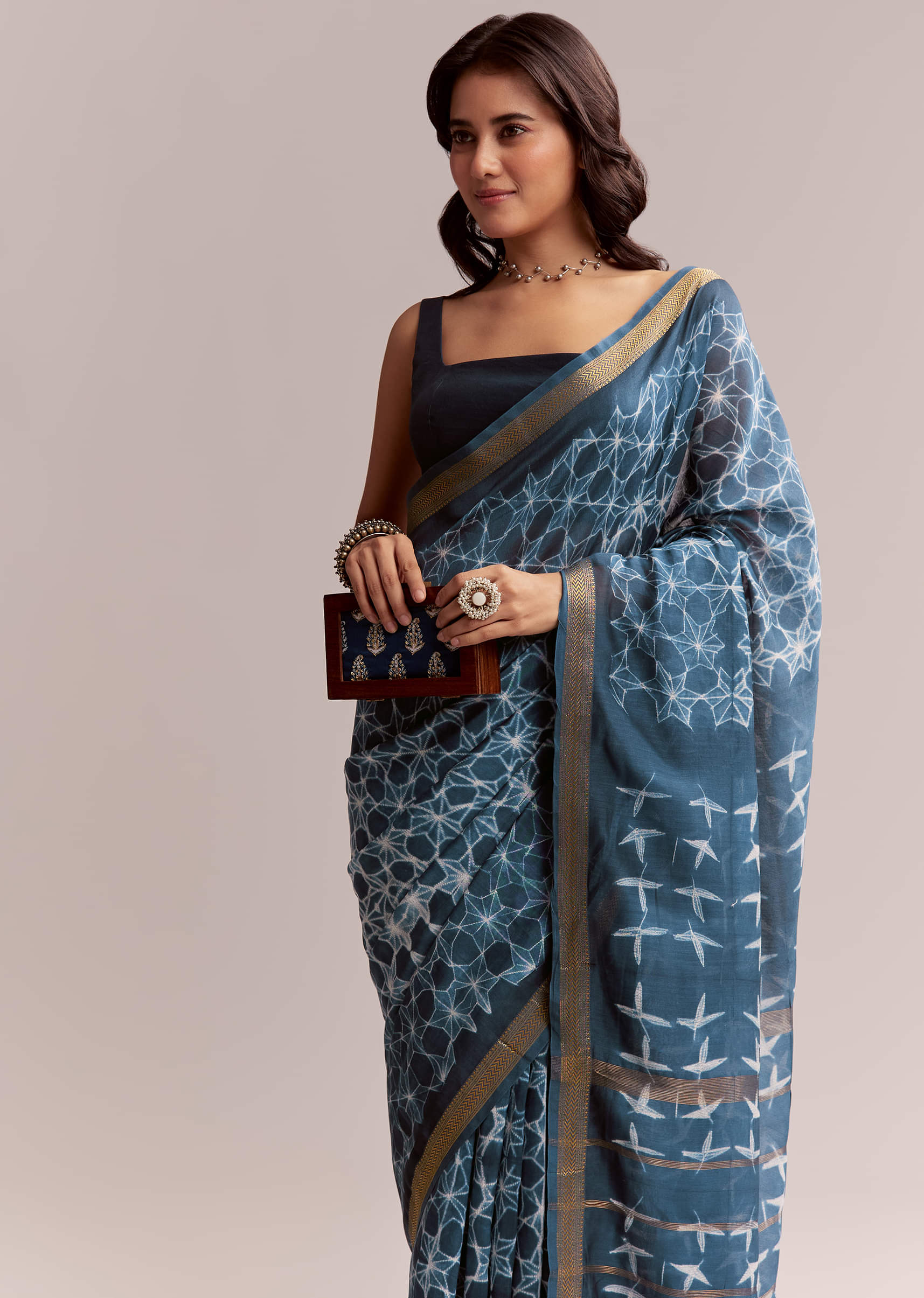 Blue Linen Printed Saree With Hand Dyed Shibori Print - Image 5