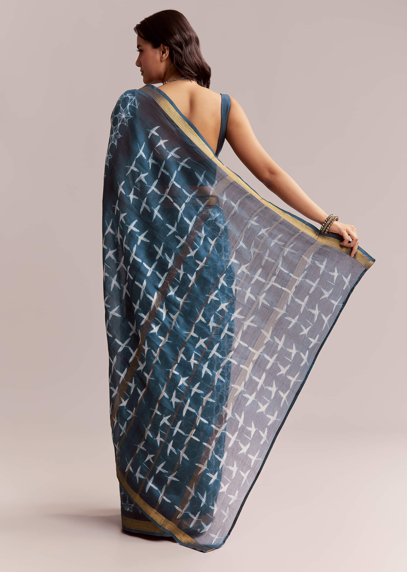 Blue Linen Printed Saree With Hand Dyed Shibori Print - Image 6
