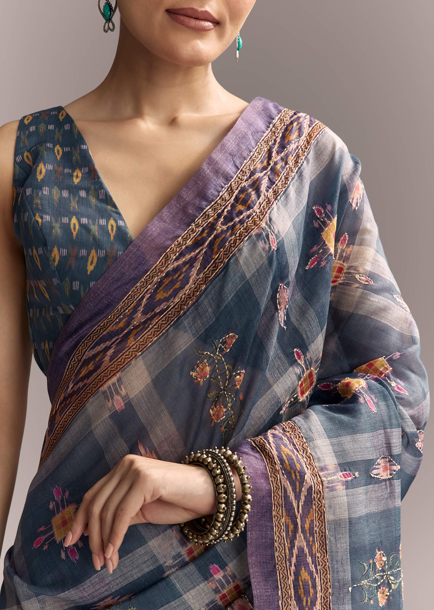 Blue Linen Saree With Hand Block Ajrakh Print And Lavender Border - Image 2