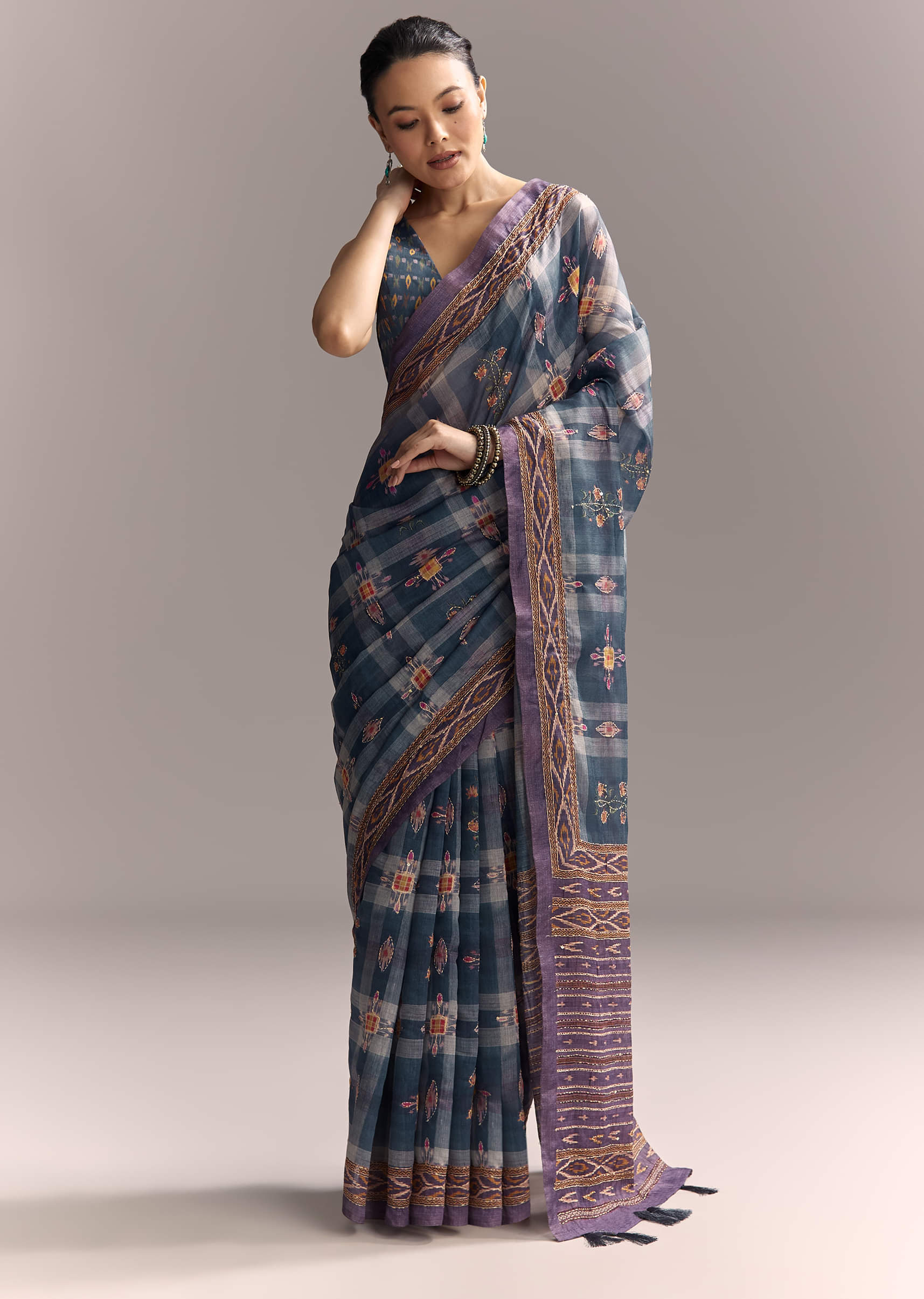 Blue Linen Saree With Hand Block Ajrakh Print And Lavender Border - Image 3