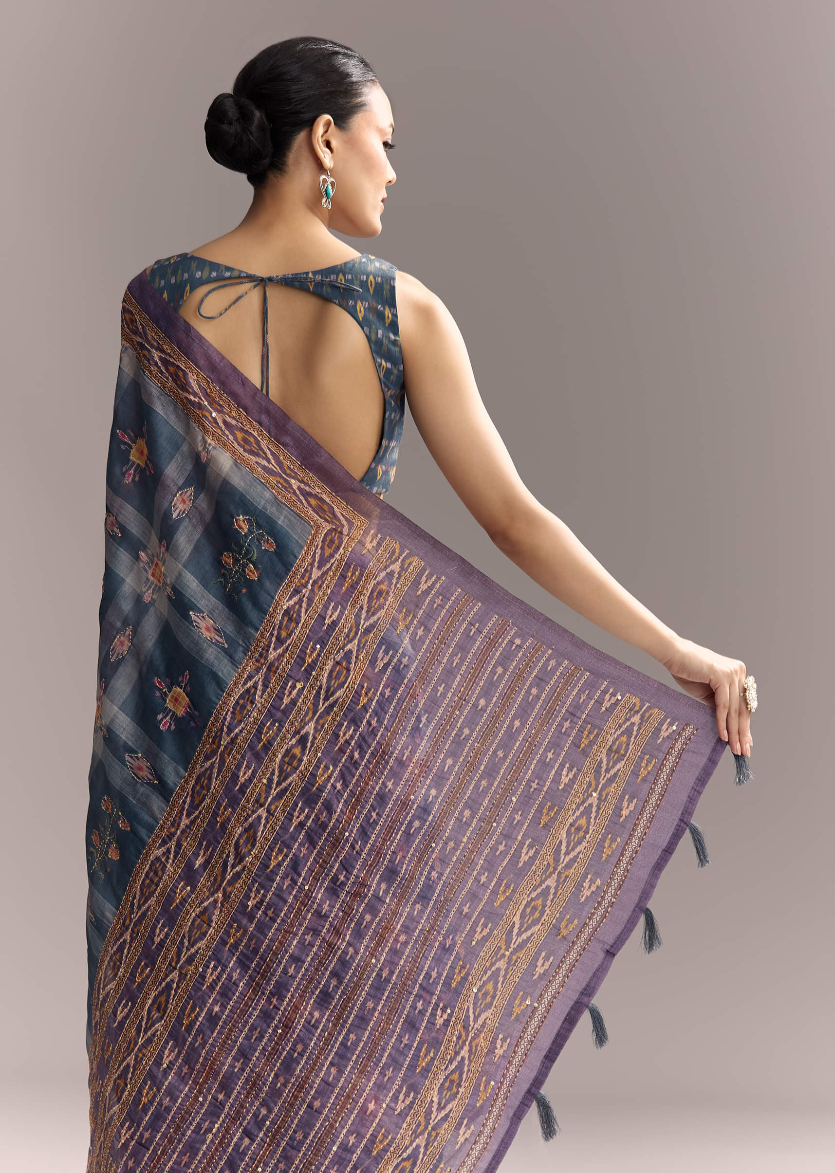 Blue Linen Saree With Hand Block Ajrakh Print And Lavender Border - Image 6