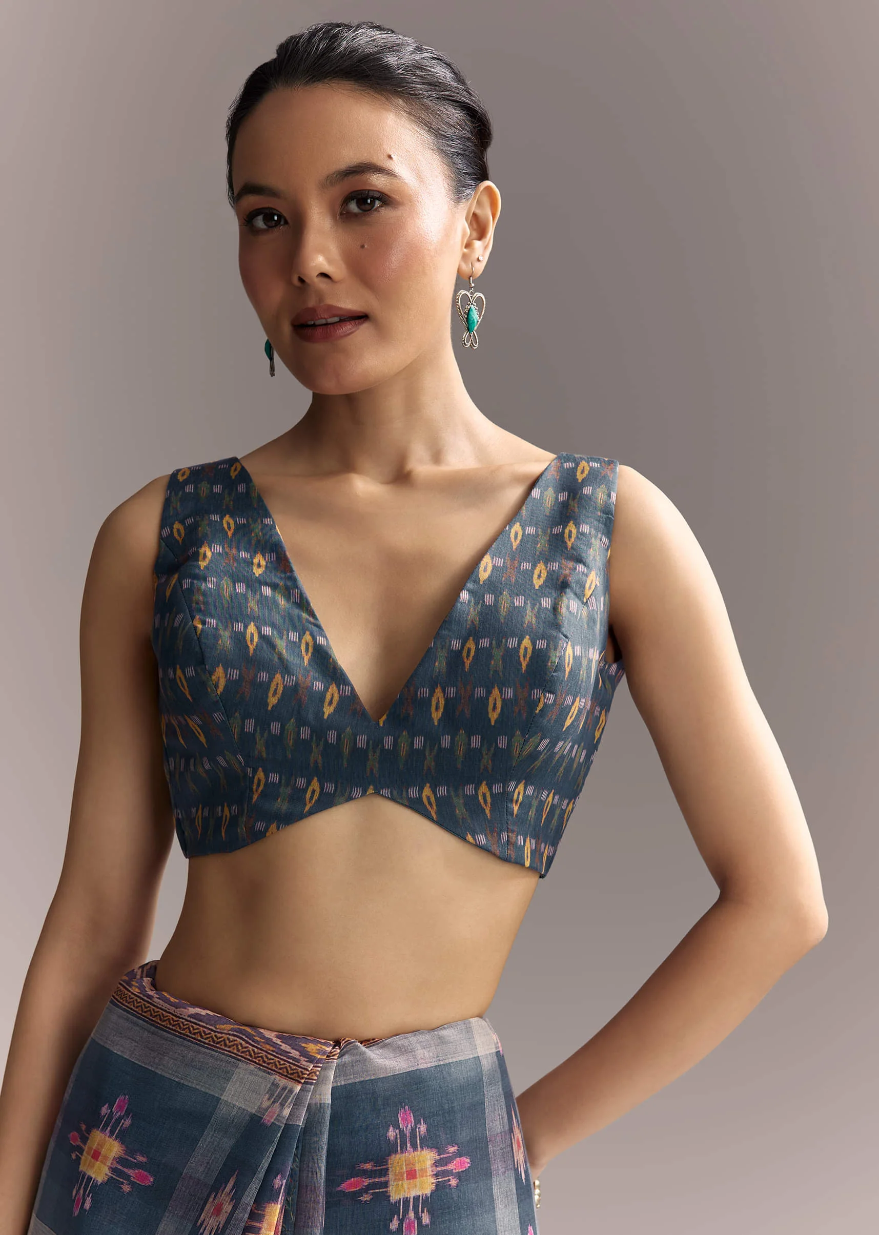 Blue Linen Saree With Hand Block Ajrakh Print And Lavender Border - Image 7