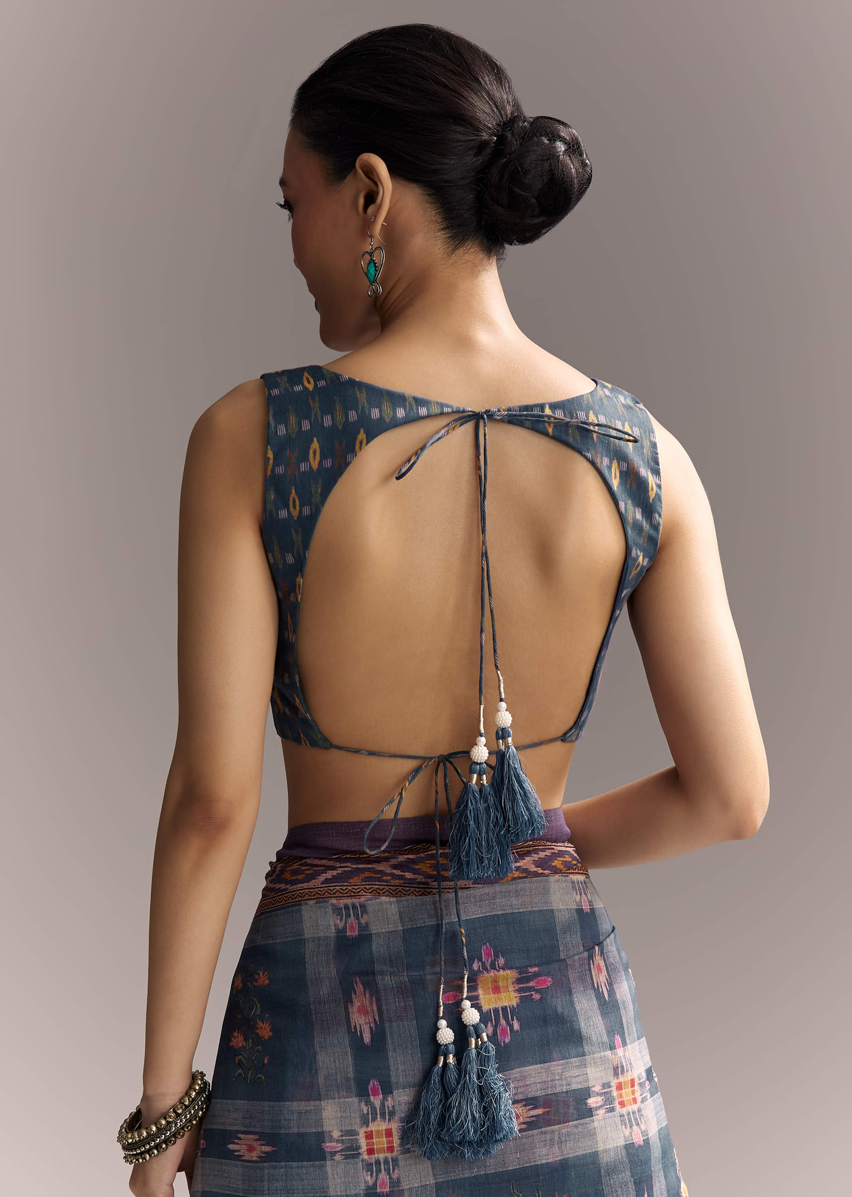 Blue Linen Saree With Hand Block Ajrakh Print And Lavender Border - Image 8