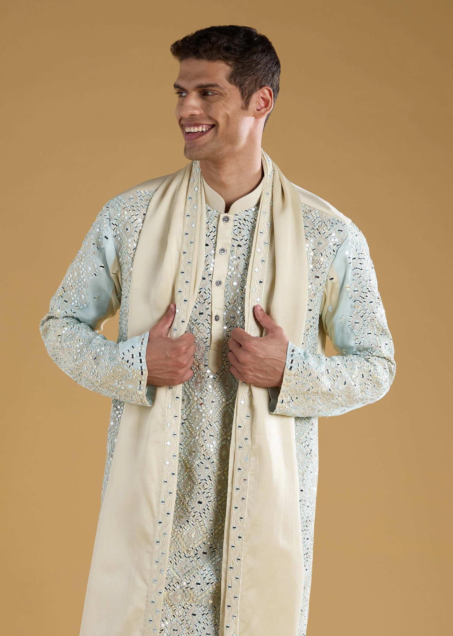 Blue Linen Silk Blend Mens Kurta Set - Image 2