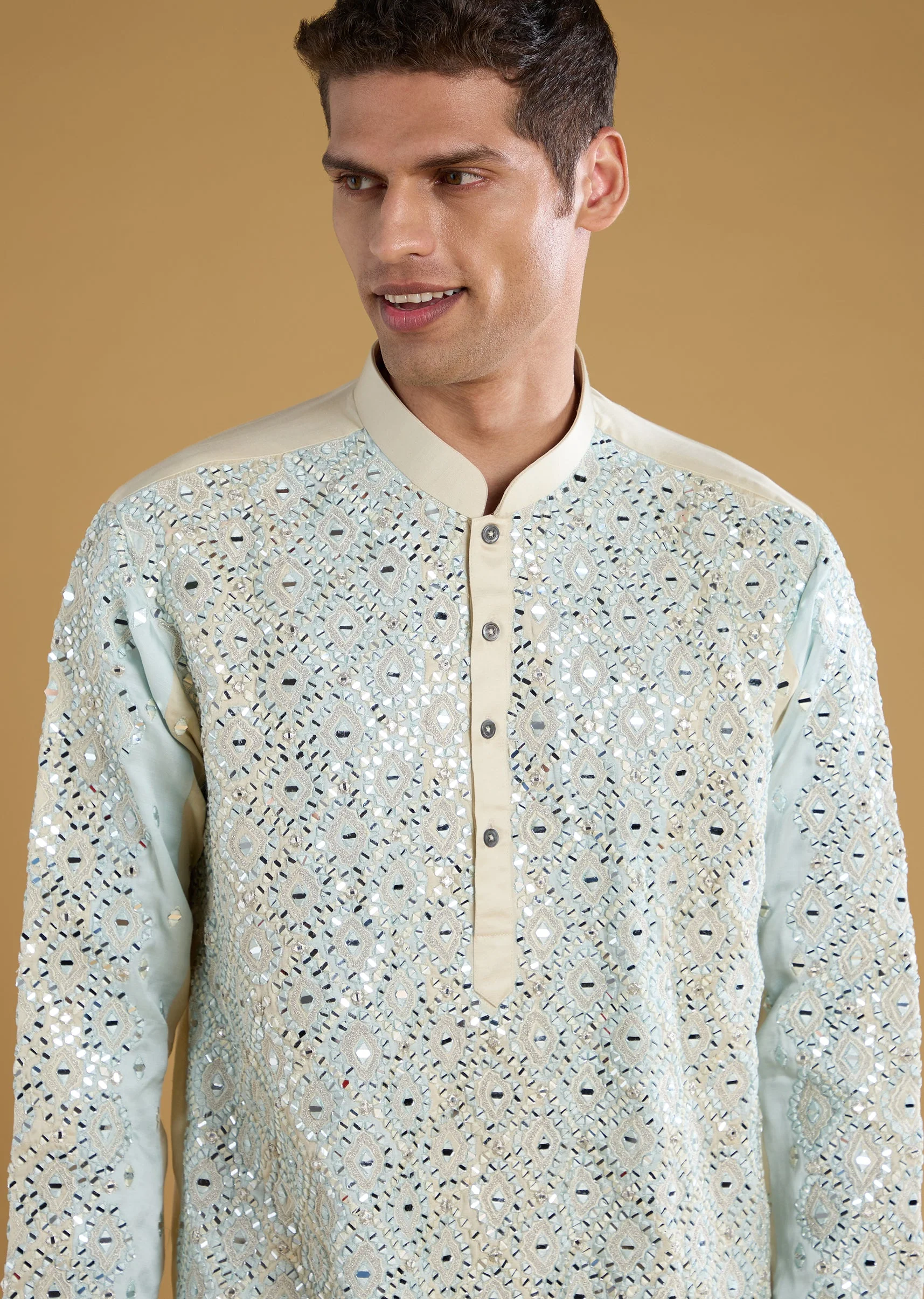 Blue Linen Silk Blend Mens Kurta Set - Image 4