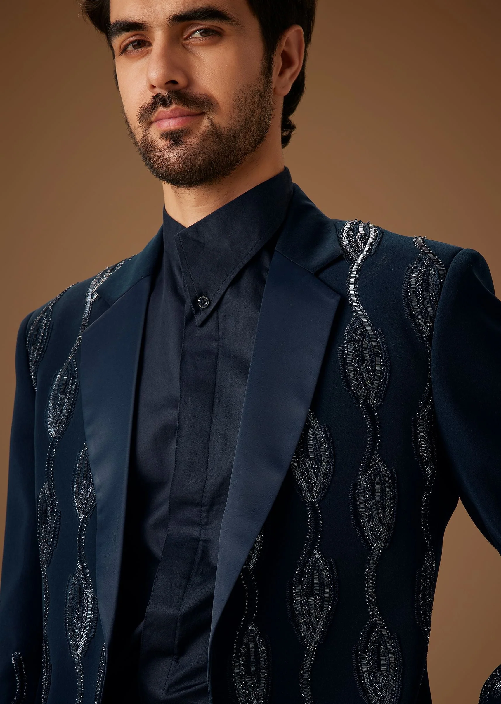 Blue Linen Tuxedo With Hand Embroidery - Image 2