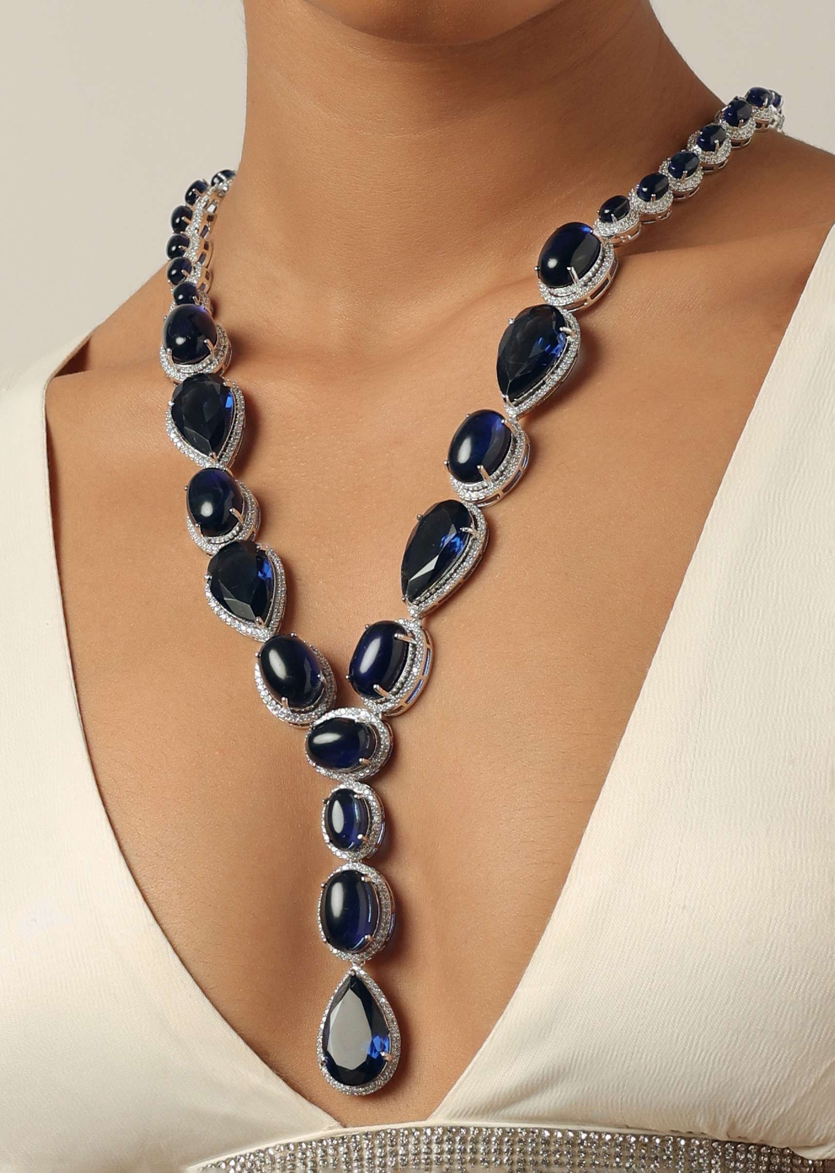 Blue Long Stone Studded Pendant Necklace With Danglers - Image 2