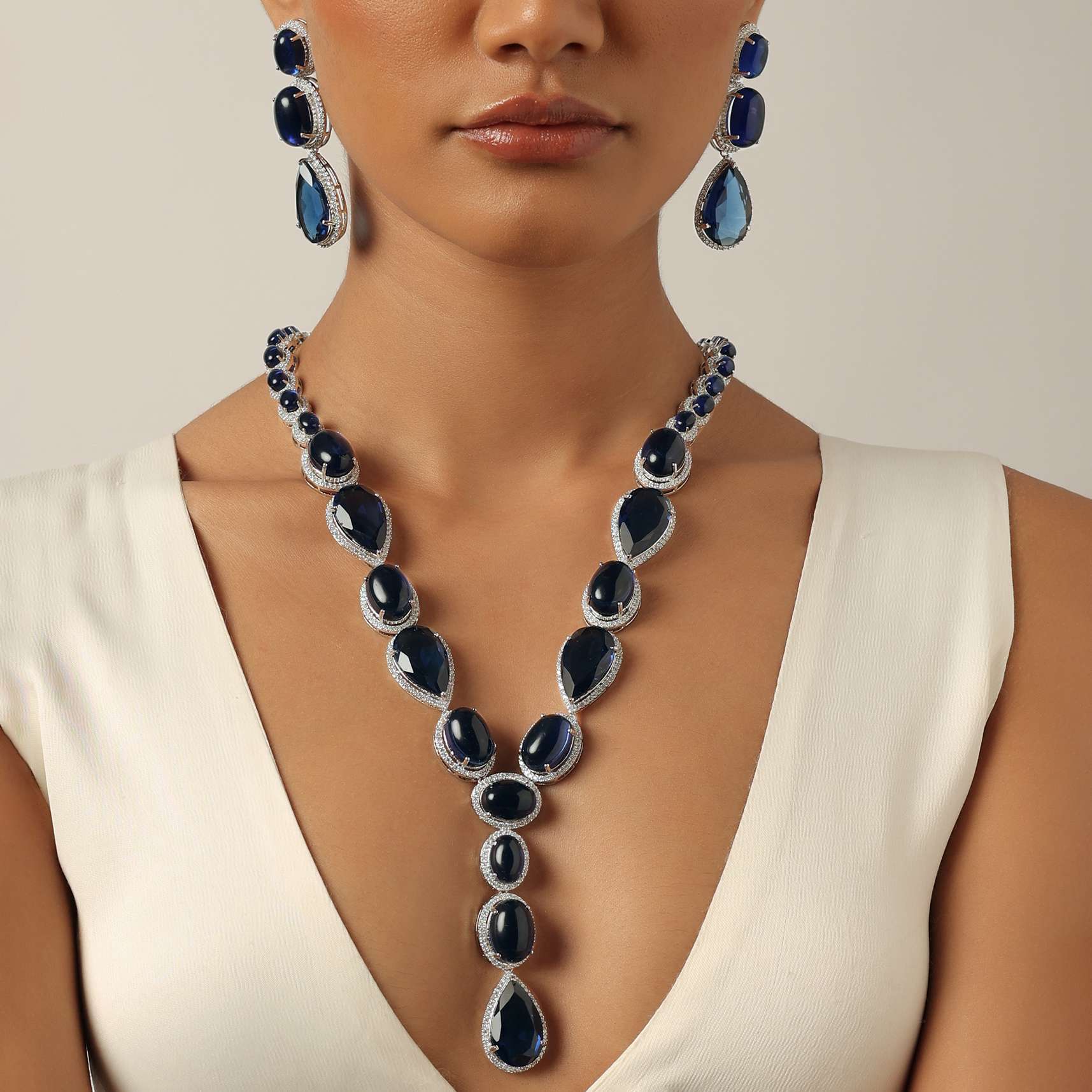 Blue Long Stone Studded Pendant Necklace With Danglers - Image 4