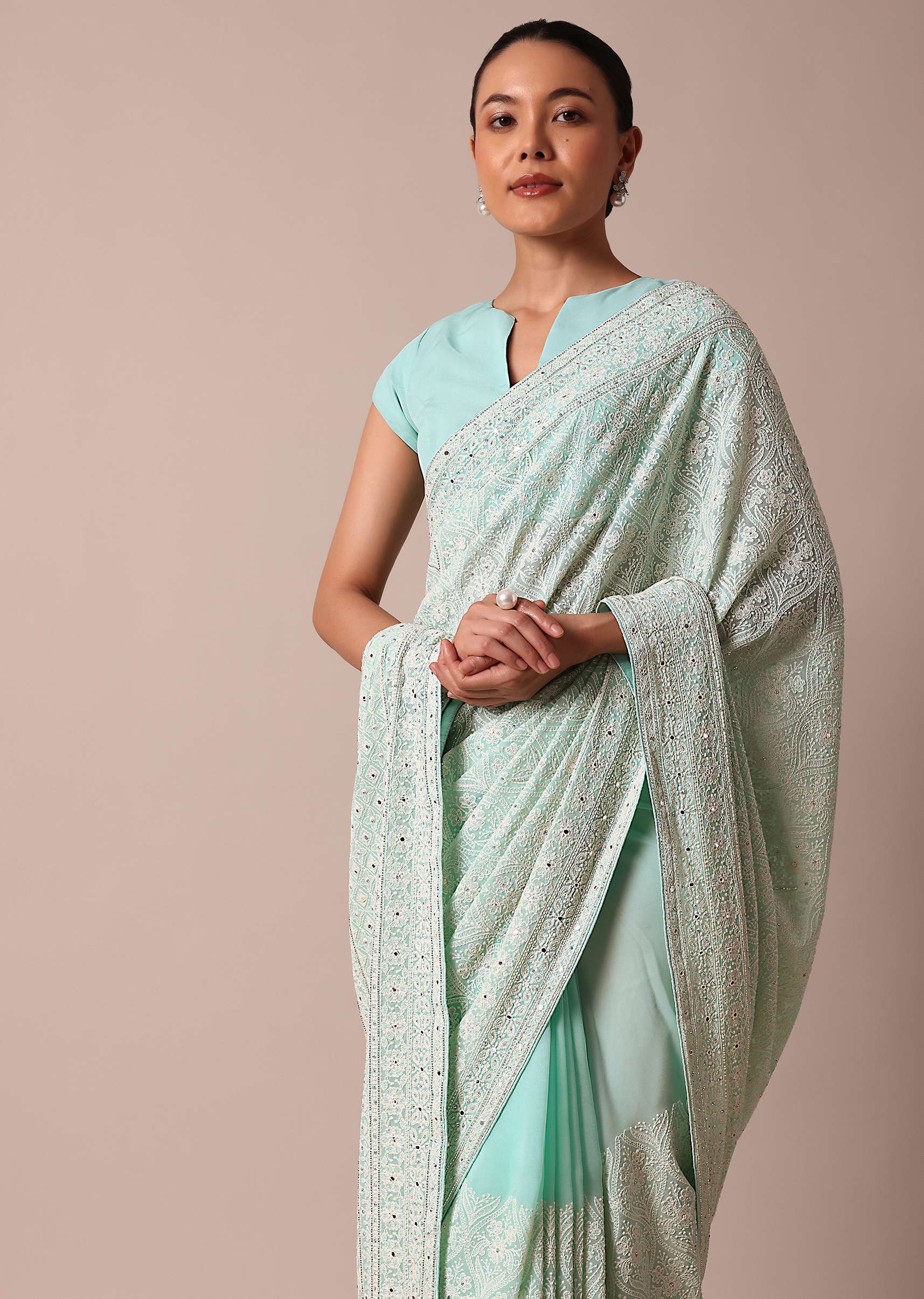 Blue Lucknowi Chikankari Saree With Sequin Work And Unstitched Blouse Piece - Image 2
