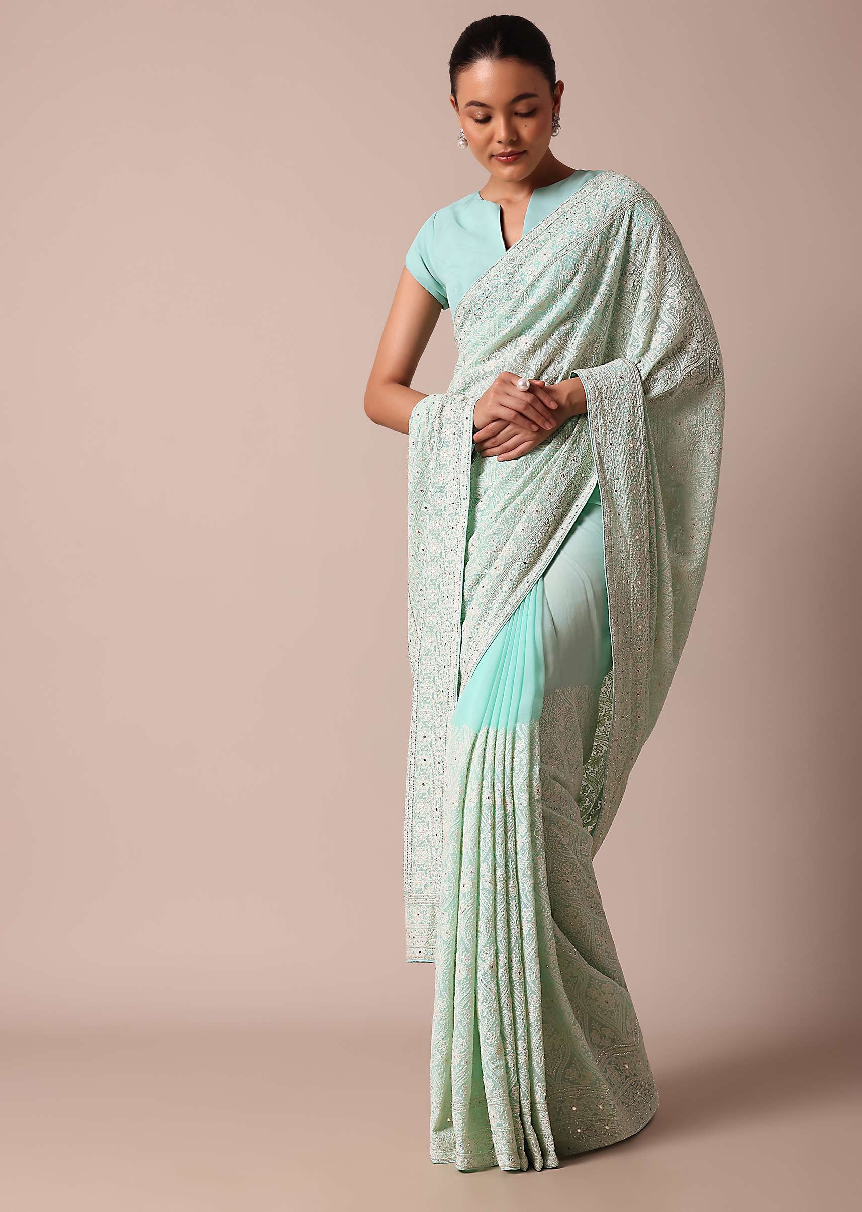 Blue Lucknowi Chikankari Saree With Sequin Work And Unstitched Blouse Piece - Image 3