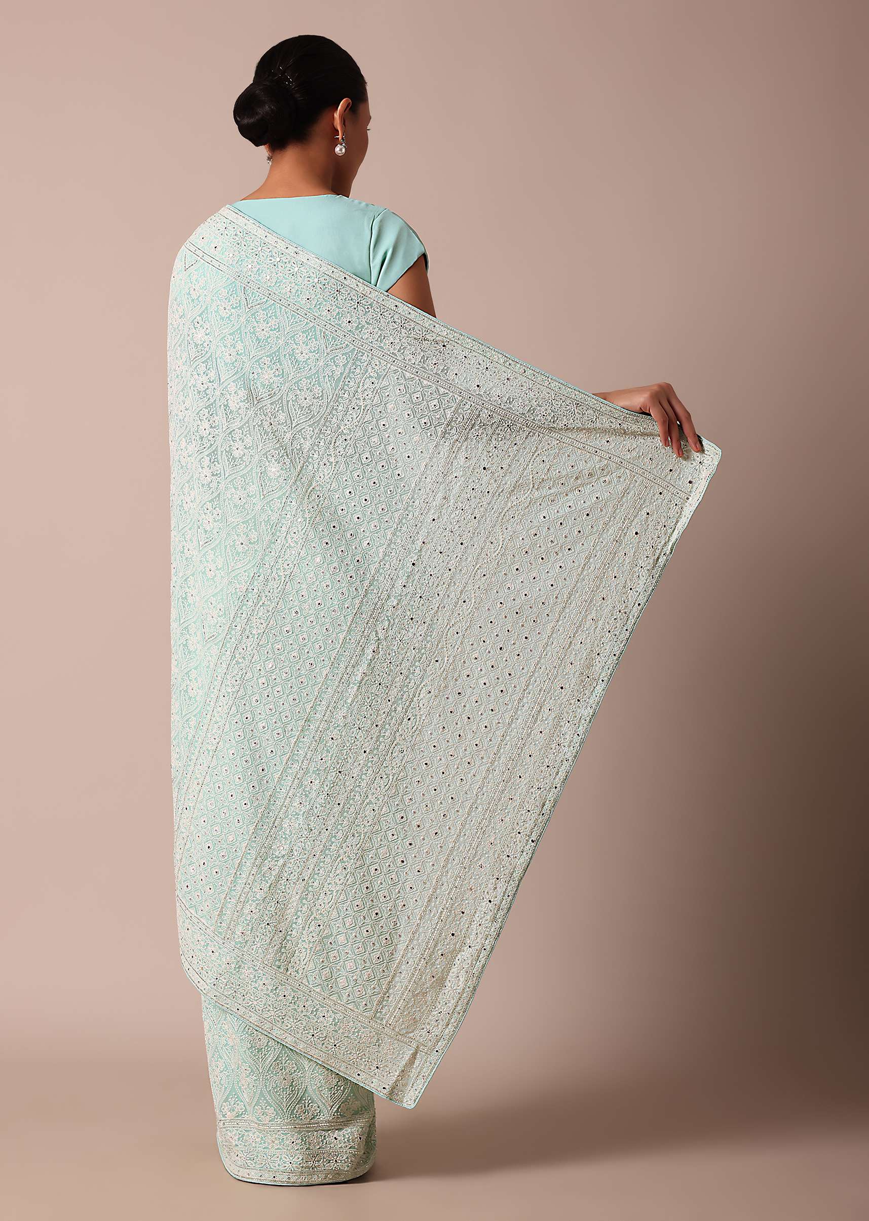 Blue Lucknowi Chikankari Saree With Sequin Work And Unstitched Blouse Piece - Image 4