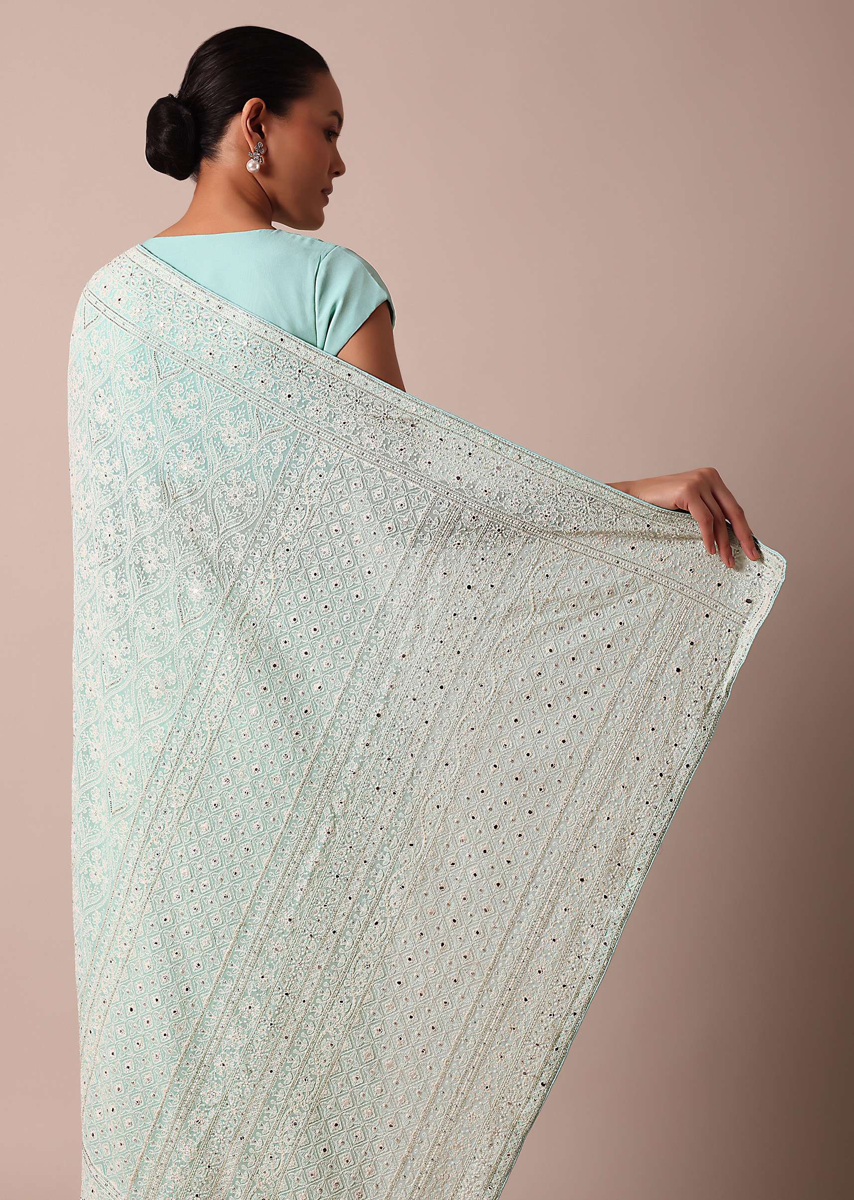 Blue Lucknowi Chikankari Saree With Sequin Work And Unstitched Blouse Piece - Image 6