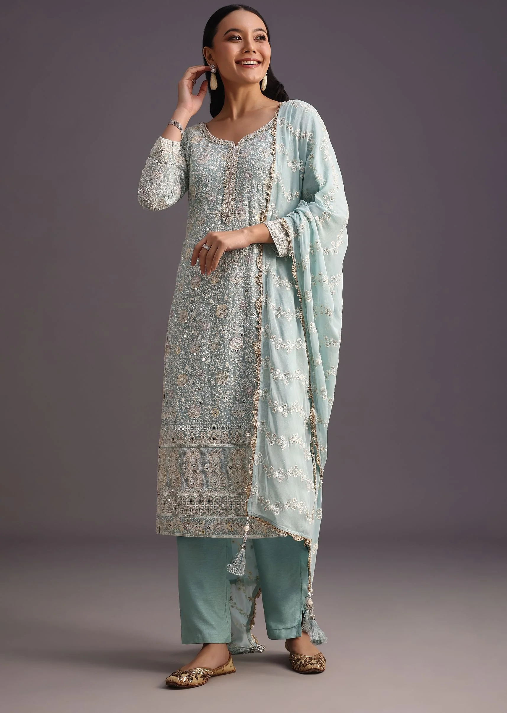 Blue Lucknowi Kurti Set With Resham Work Dupatta And Gotta Border - Image 3