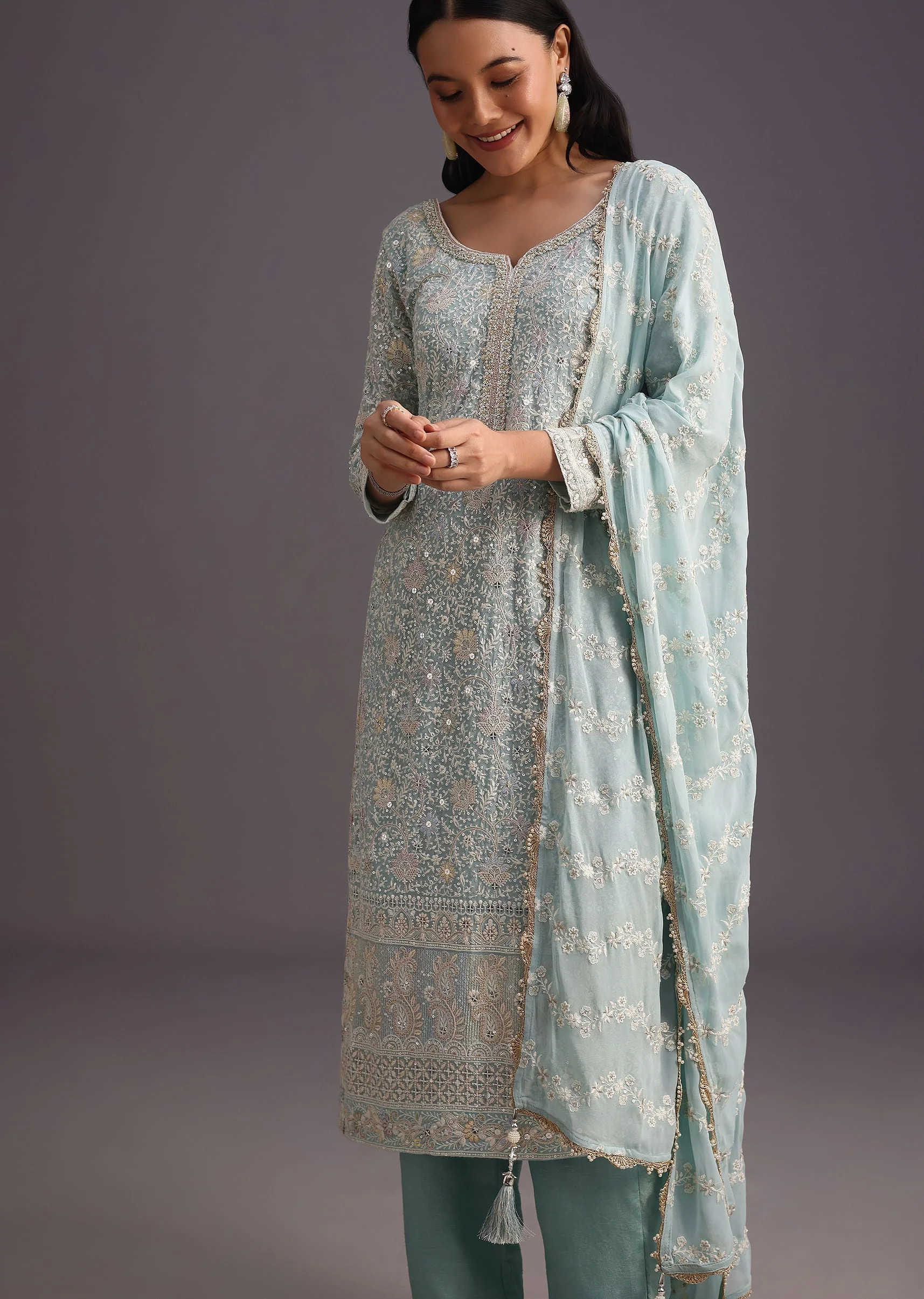 Blue Lucknowi Kurti Set With Resham Work Dupatta And Gotta Border - Image 4