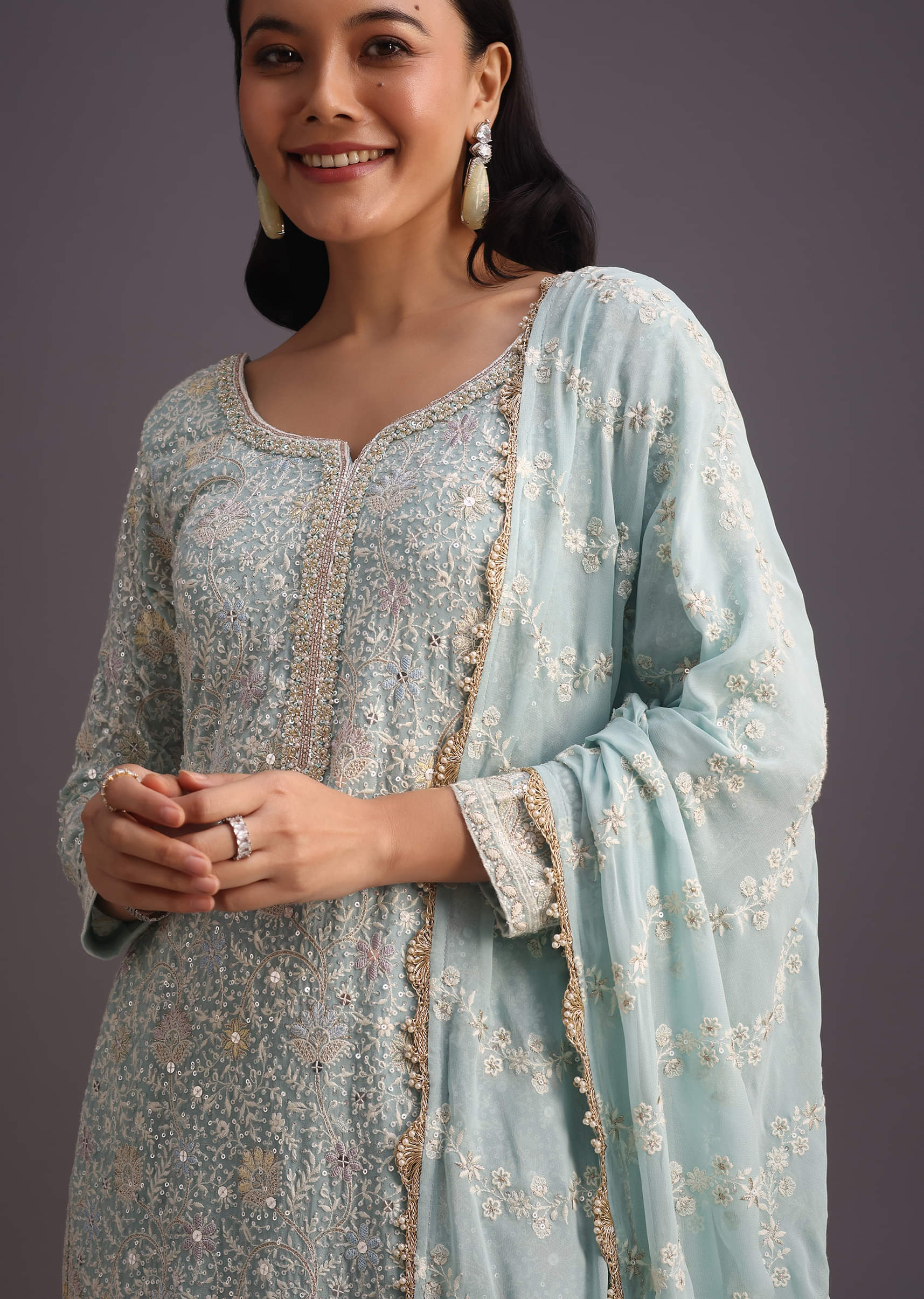 Blue Lucknowi Kurti Set With Resham Work Dupatta And Gotta Border - Image 7