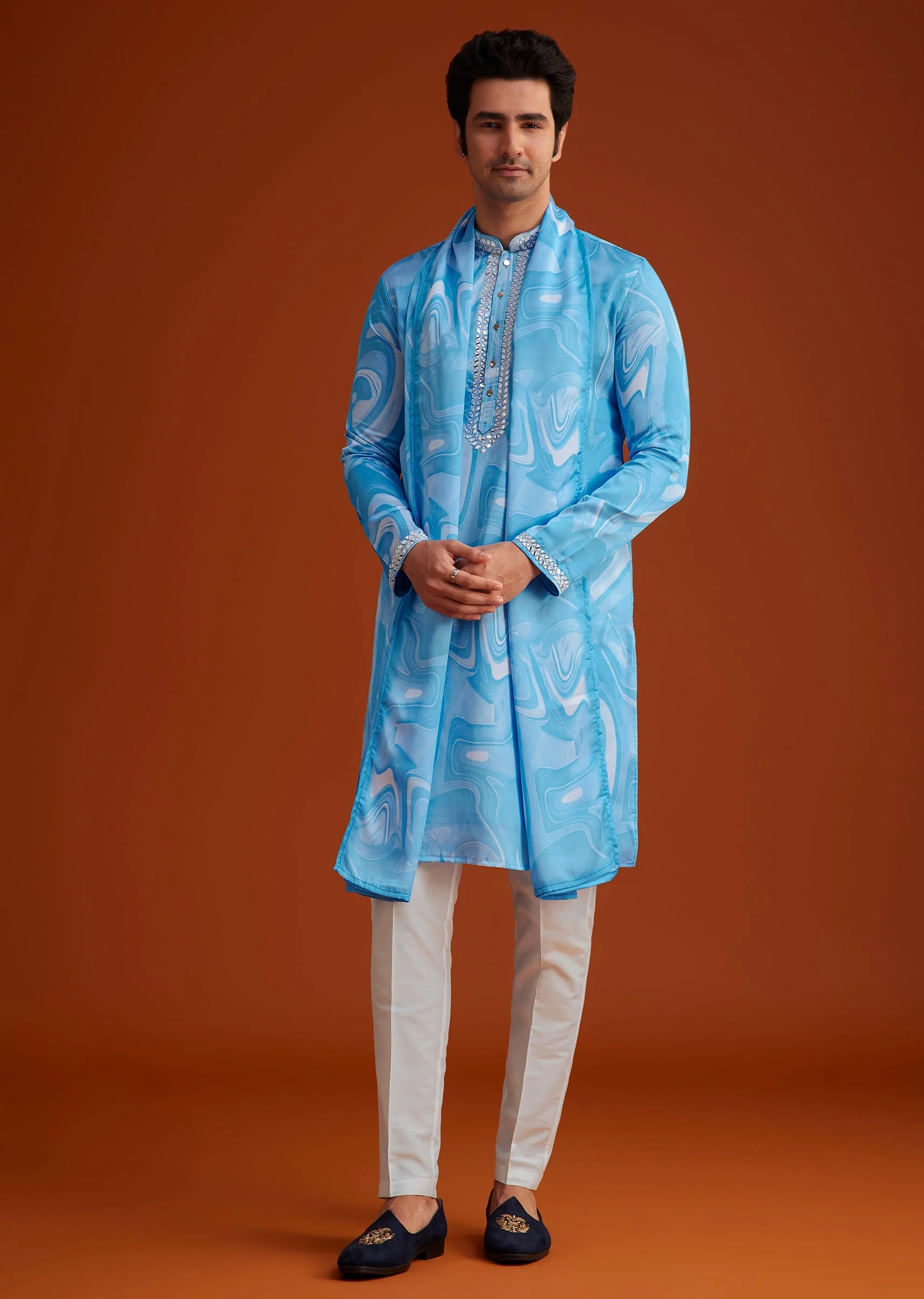 Blue Marble Printed Kurta Set - Image 3