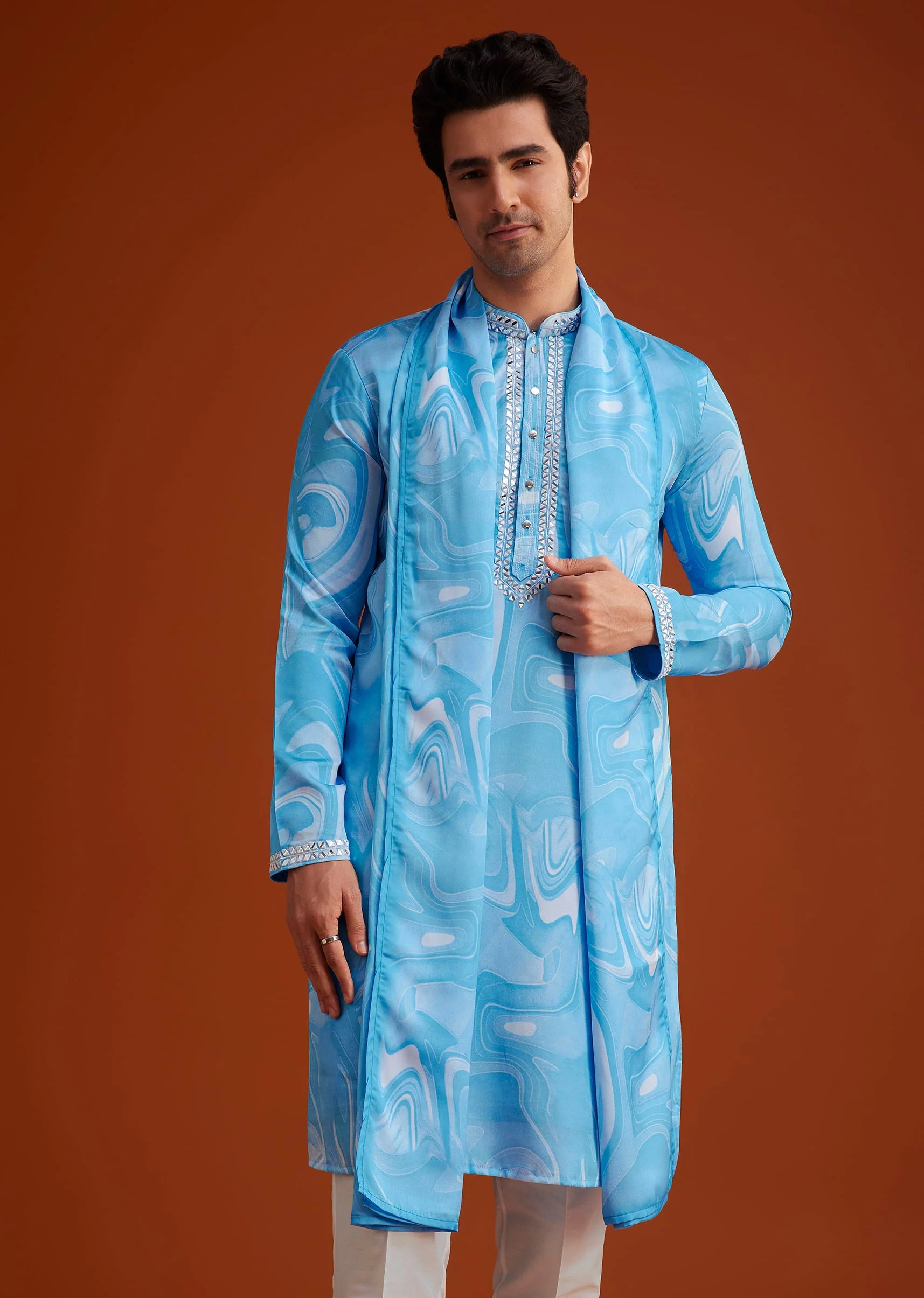 Blue Marble Printed Kurta Set - Image 4