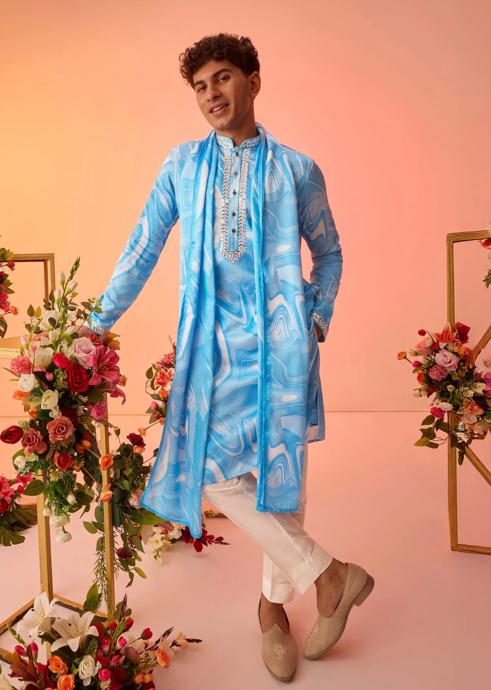 Blue Marble Printed Kurta Set - Image 7