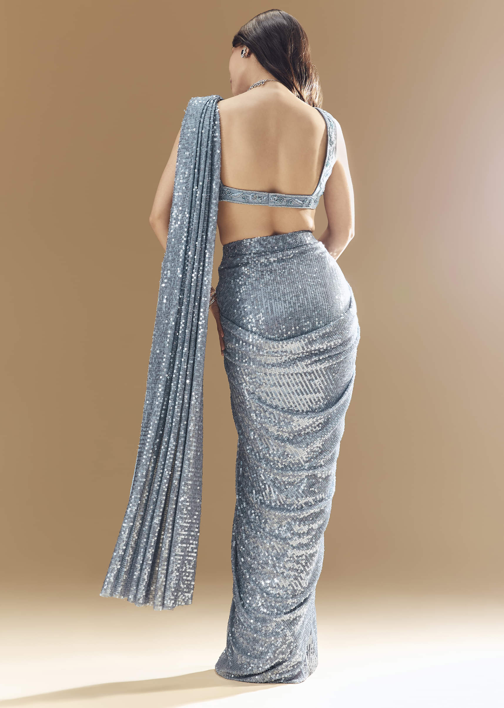 Blue Metallic Shimmer Ready Pleated Saree with Blouse - Image 2