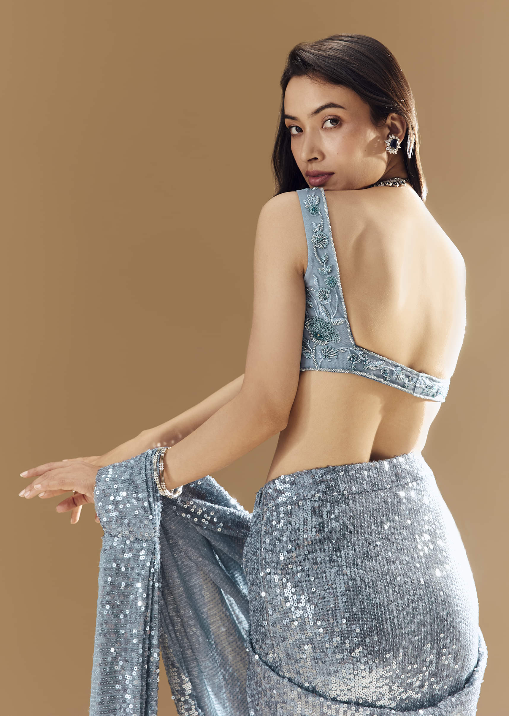 Blue Metallic Shimmer Ready Pleated Saree with Blouse - Image 6