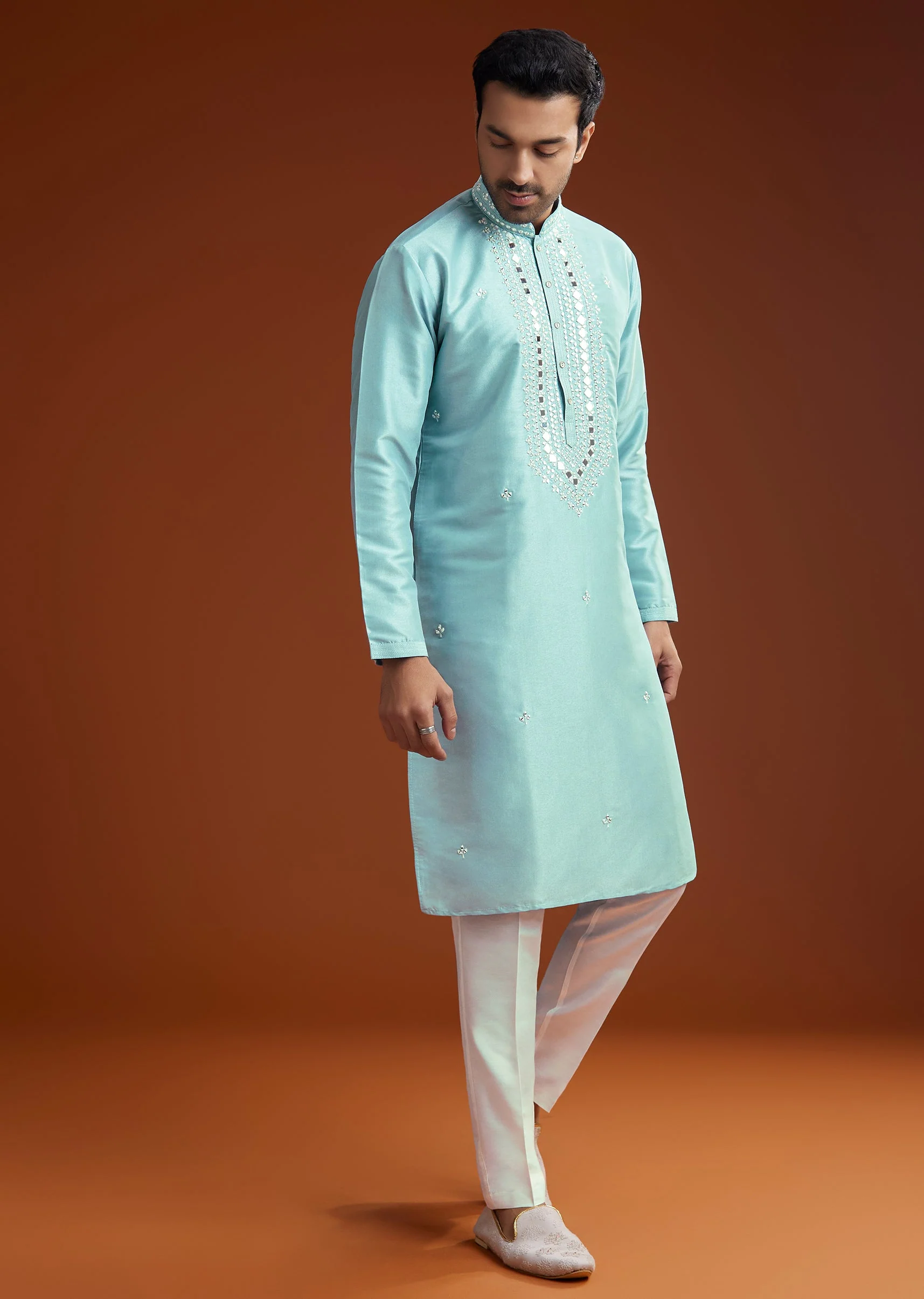 Blue Mirror Embellished Kurta Pant Set In Silk - Image 2