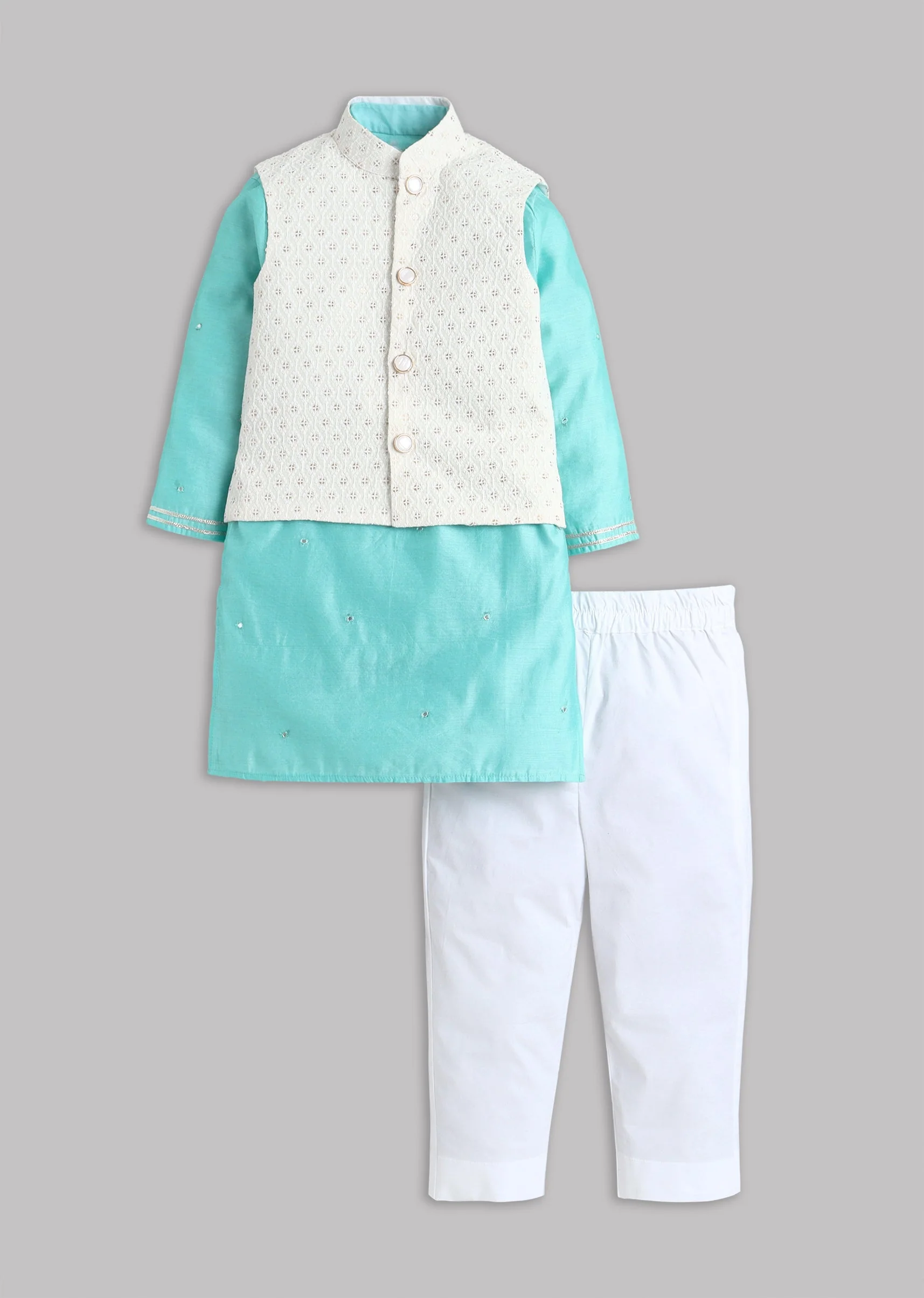 Blue Mirror Work Chanderi Kurta With Embroidered Jacket