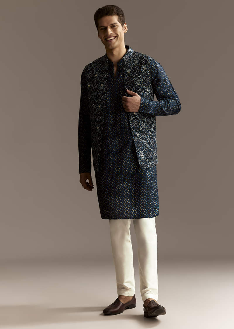 Blue Mirror Work Jacket Set - Image 2