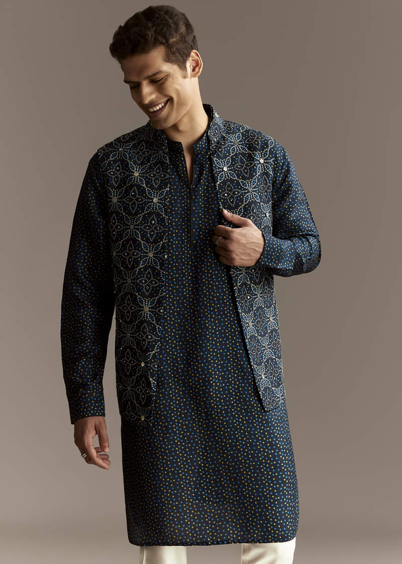 Blue Mirror Work Jacket Set - Image 3