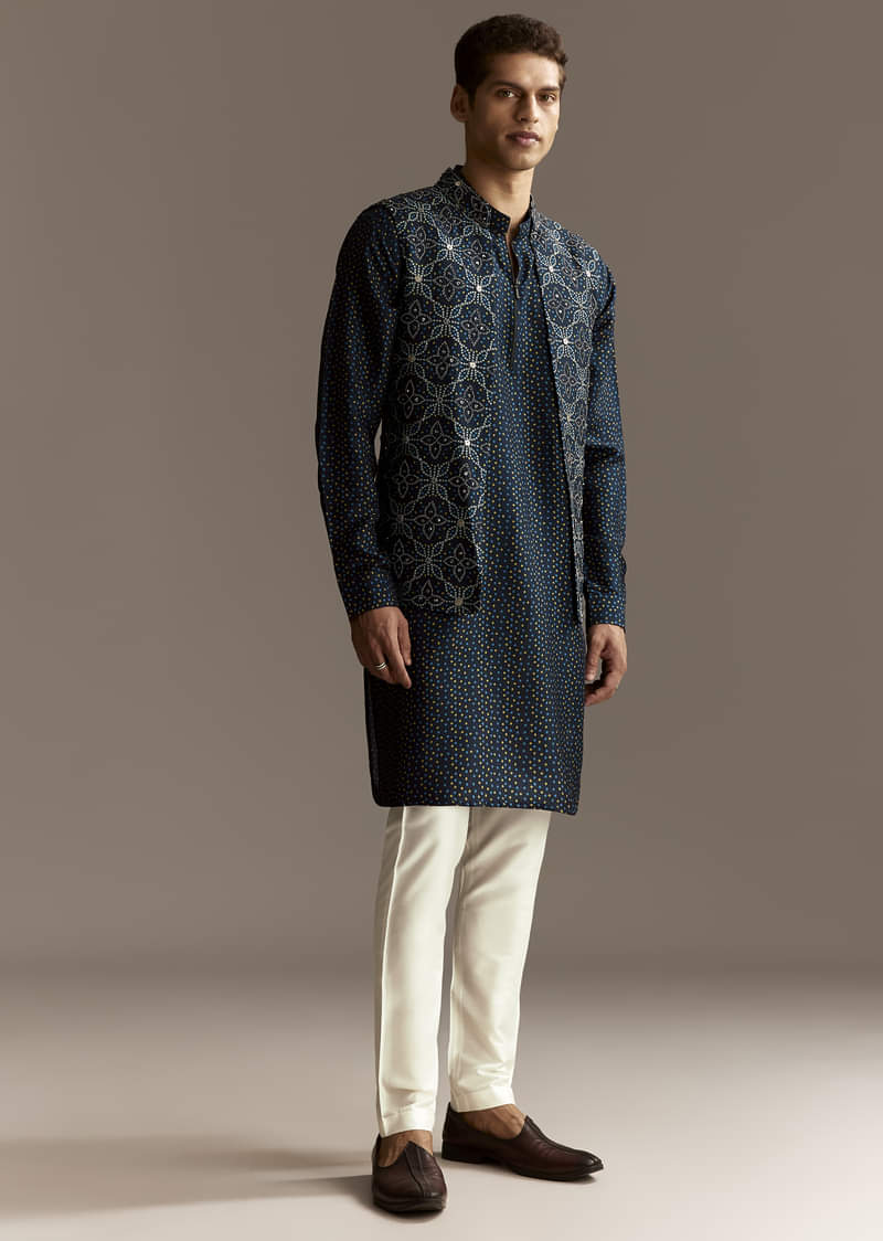 Blue Mirror Work Jacket Set - Image 4
