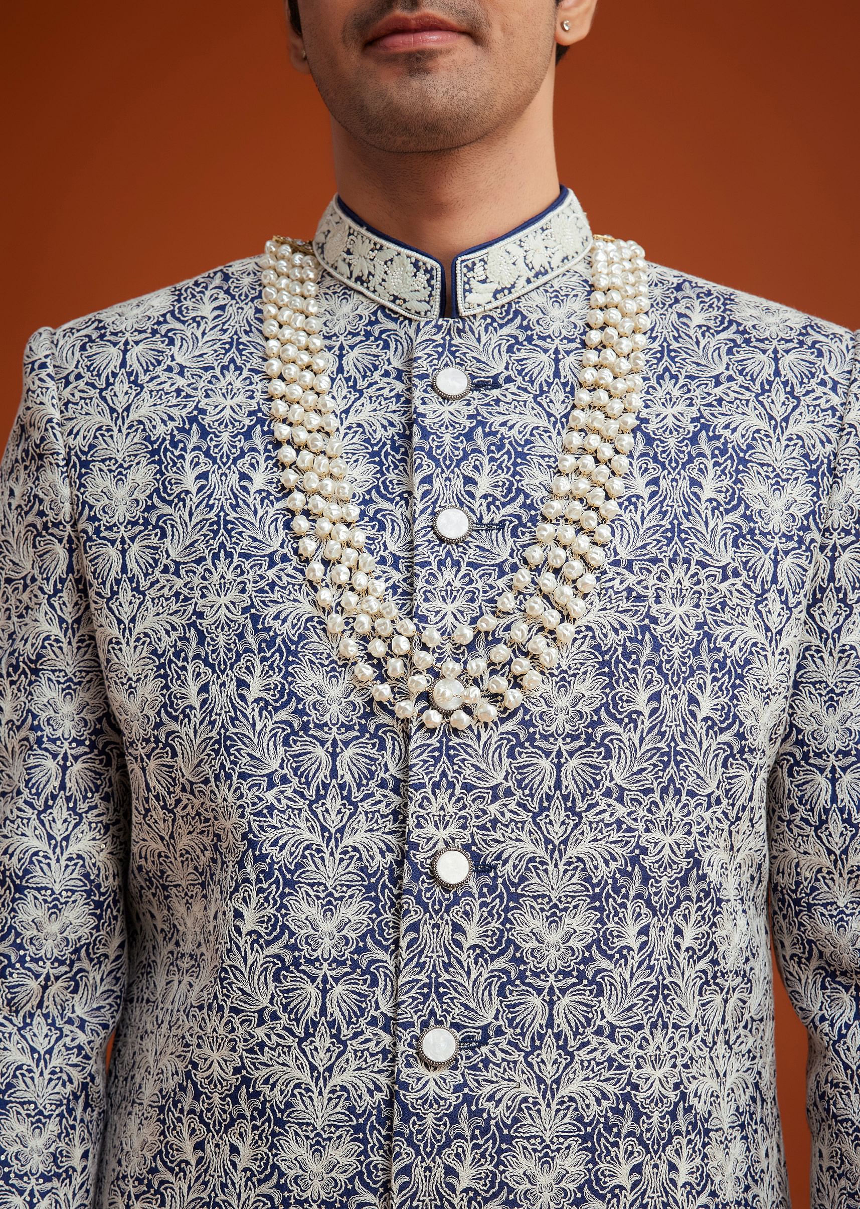 Blue Monga Silk Sherwani Set With Embroidery And Bead Work - Image 4