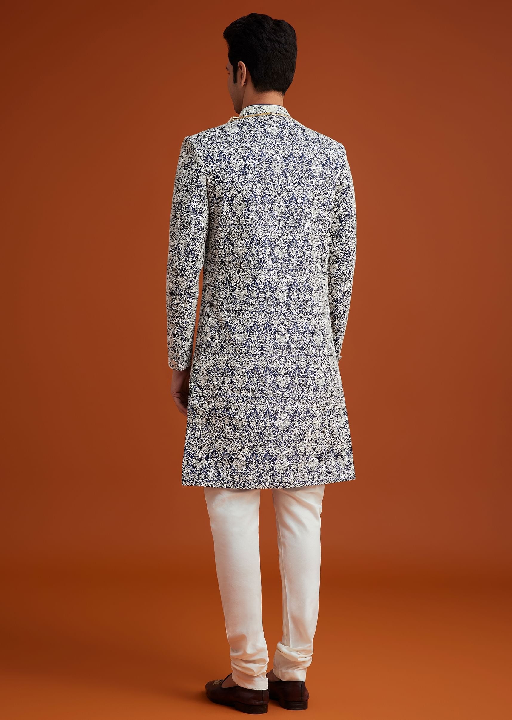 Blue Monga Silk Sherwani Set With Embroidery And Bead Work - Image 5