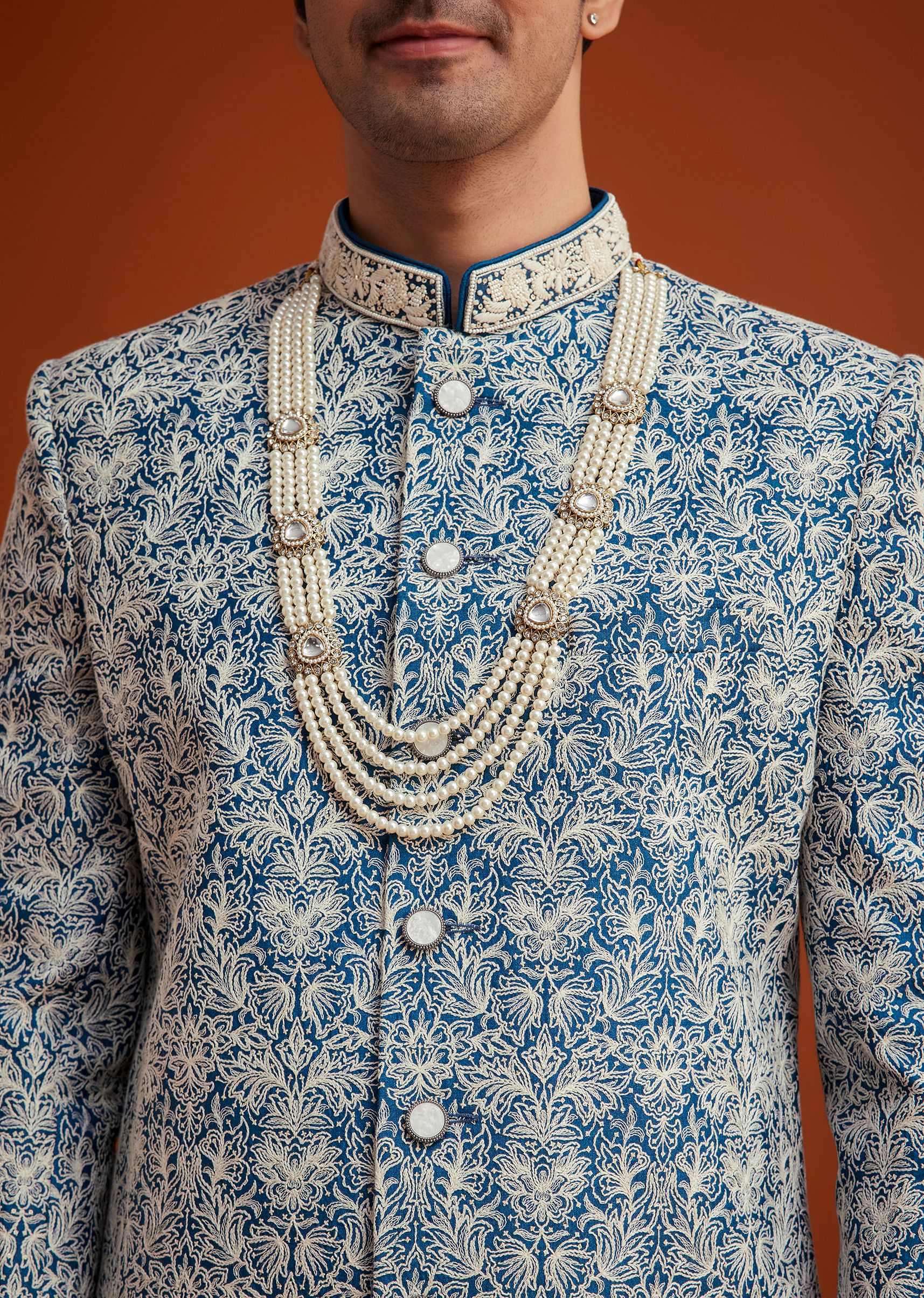 Blue Monga Silk Sherwani With Embroidery And Beadwork - Image 2