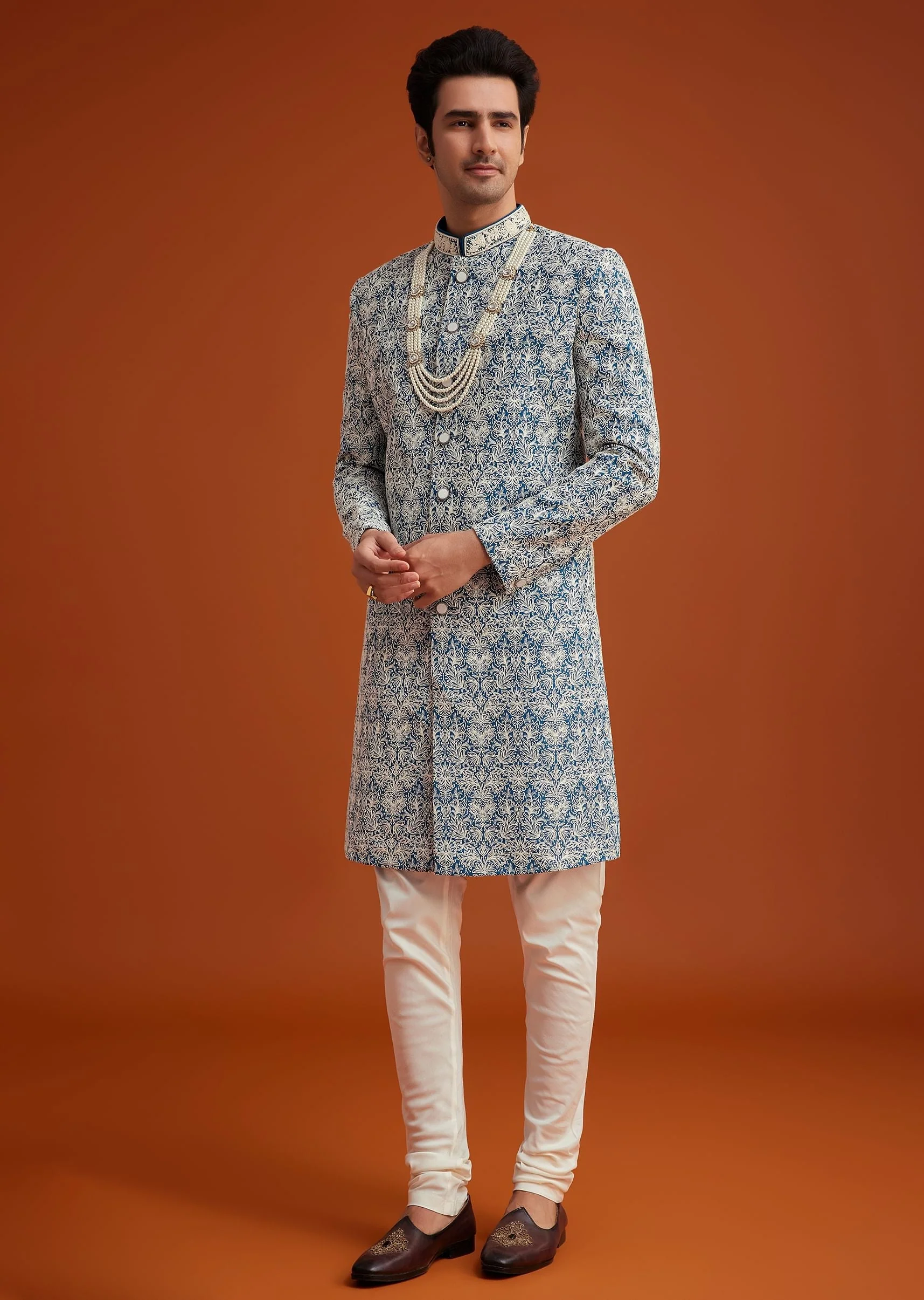 Blue Monga Silk Sherwani With Embroidery And Beadwork - Image 3