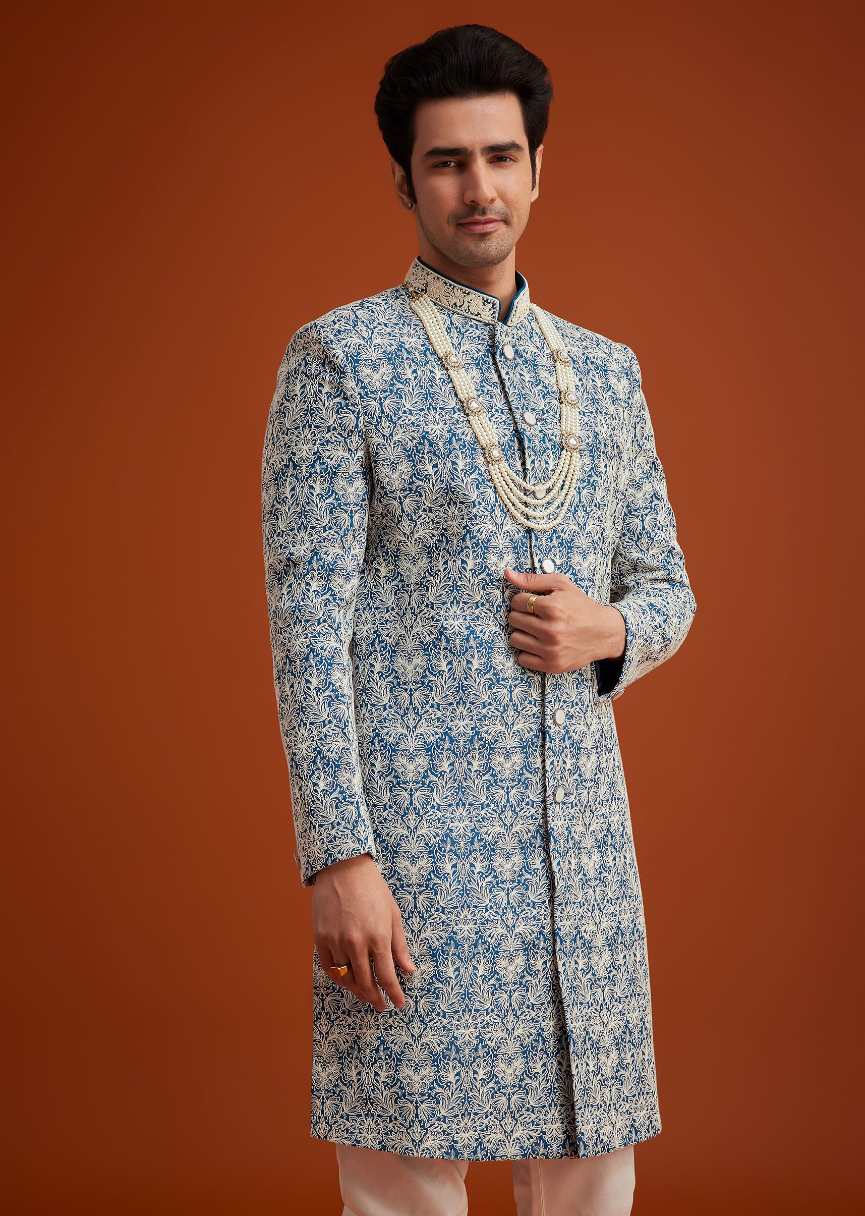 Blue Monga Silk Sherwani With Embroidery And Beadwork - Image 4