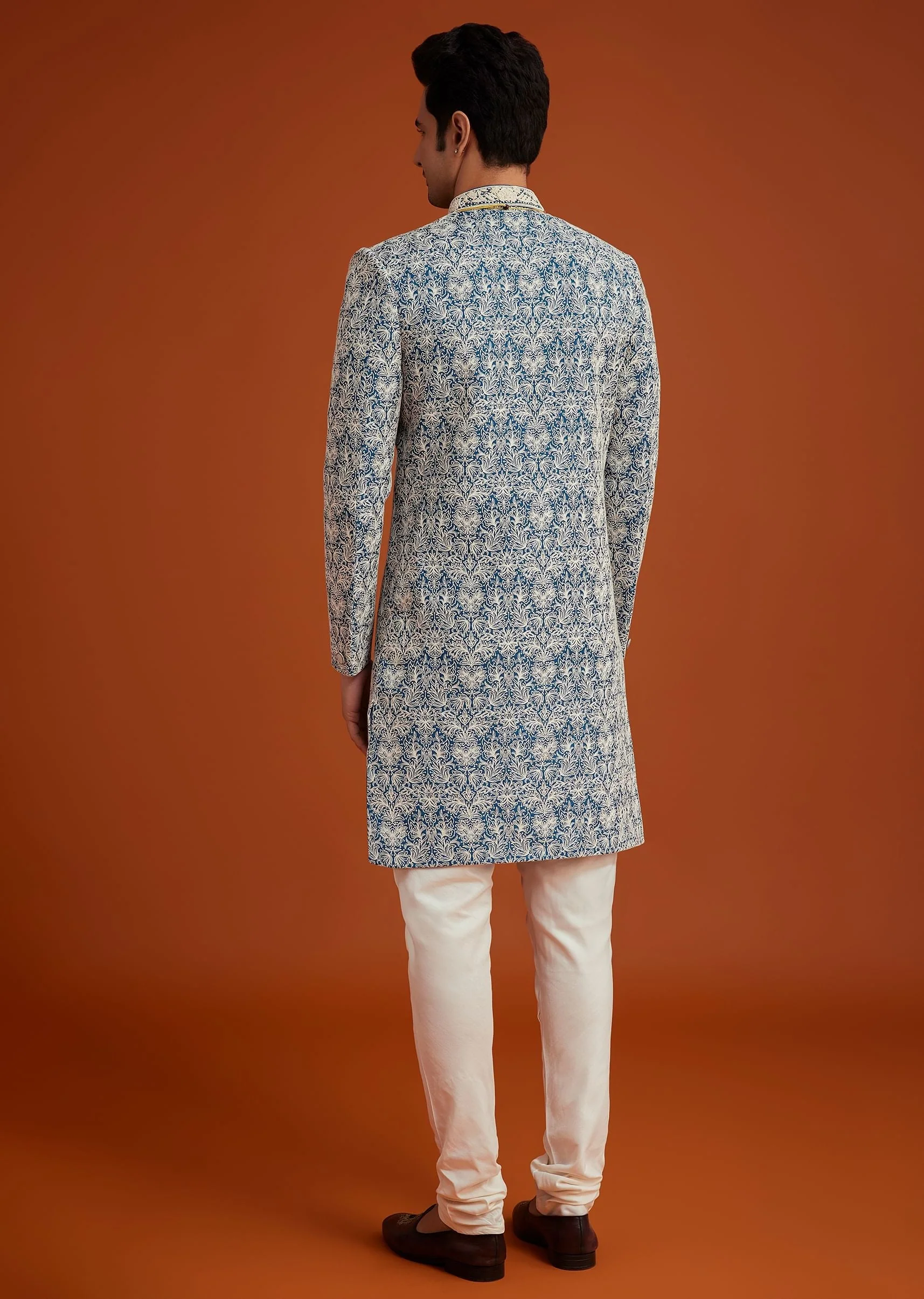 Blue Monga Silk Sherwani With Embroidery And Beadwork - Image 5
