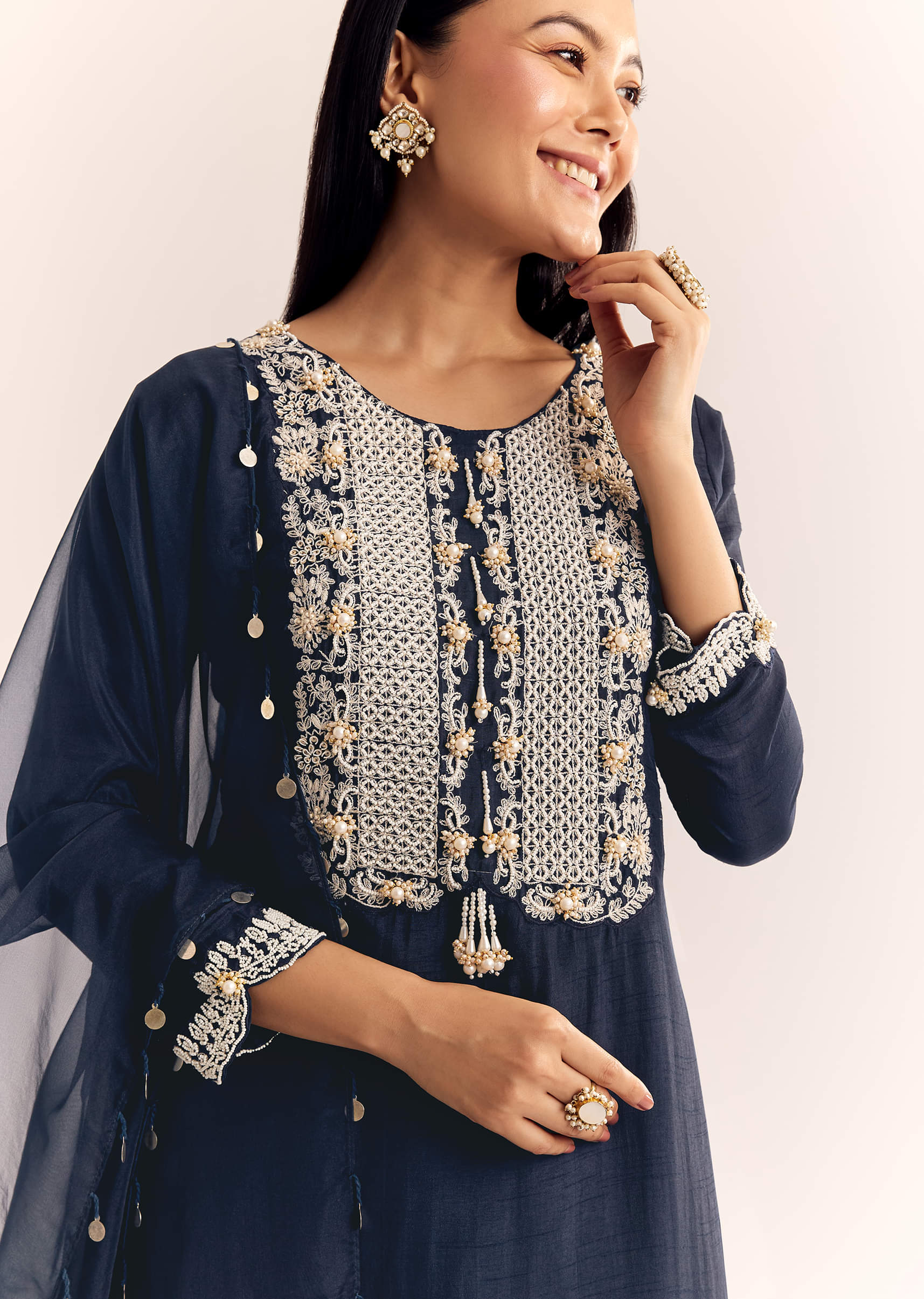 Blue Moti Threadwork Dola Silk Sharara Suit With Organza Dupatta - Image 3