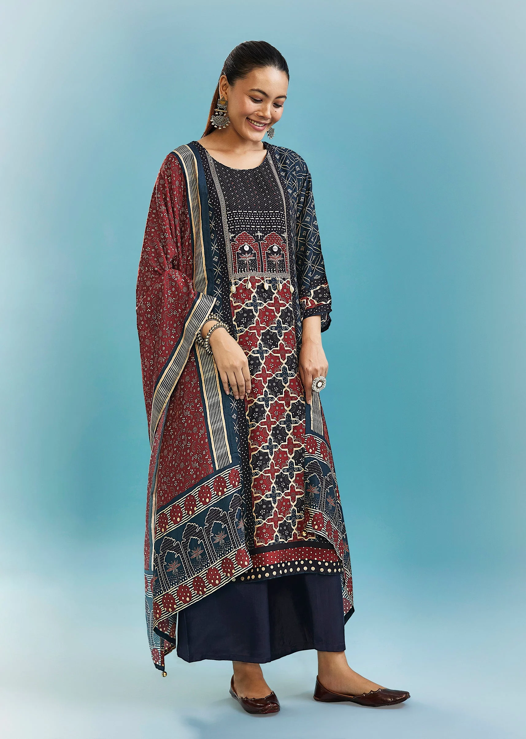 Blue Muslin Palazzo Set With Thread Work