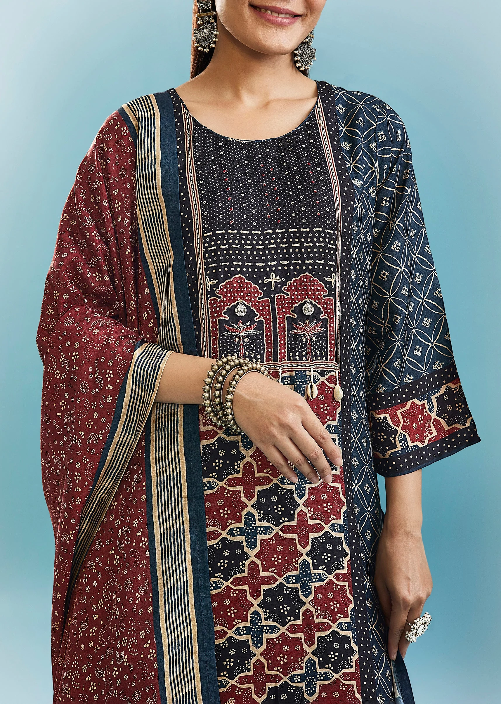 Blue Muslin Palazzo Set With Thread Work - Image 2