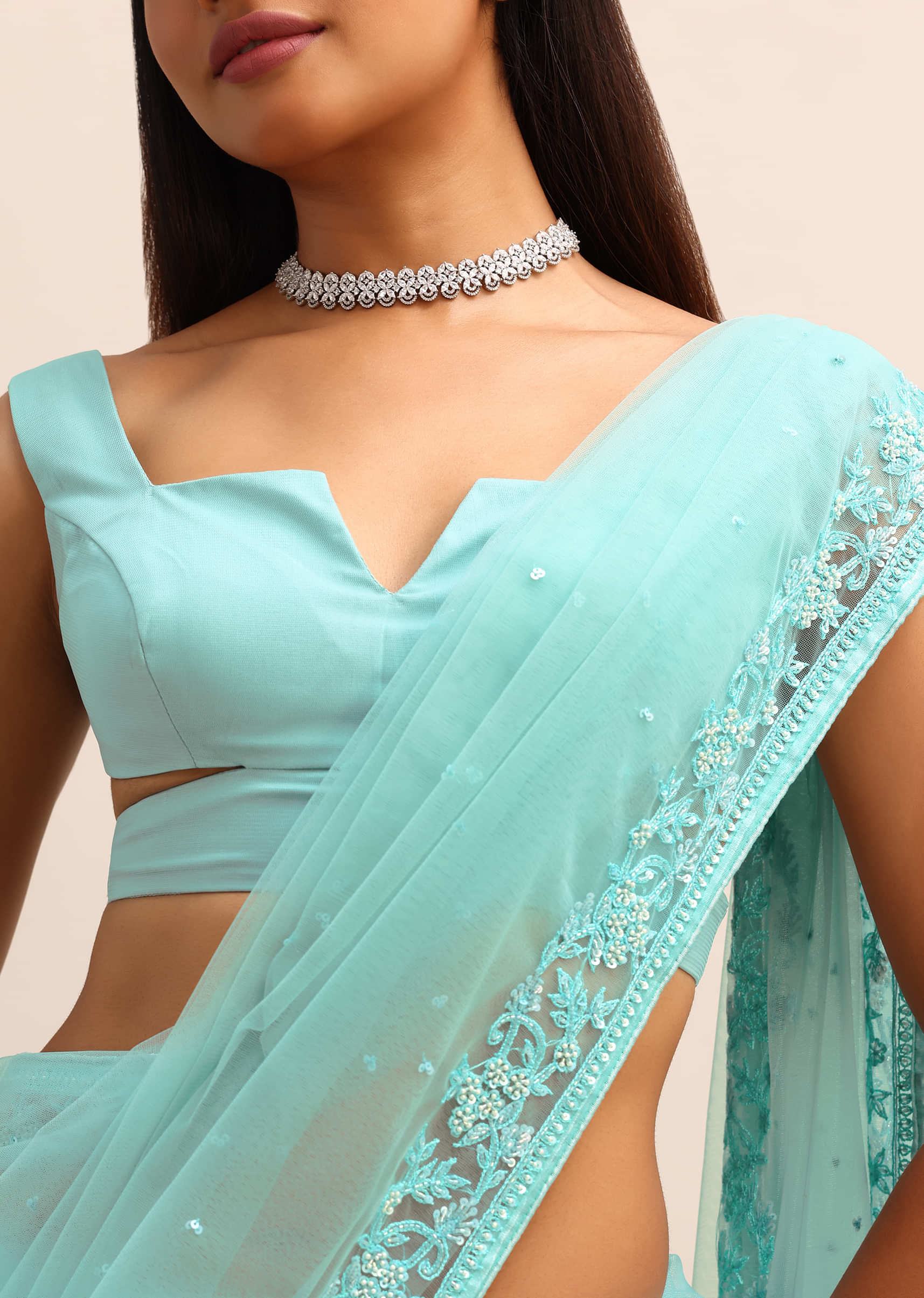 Blue Net Cutdana Saree With Beads Embroidered Border And Unstitched Blouse - Image 5