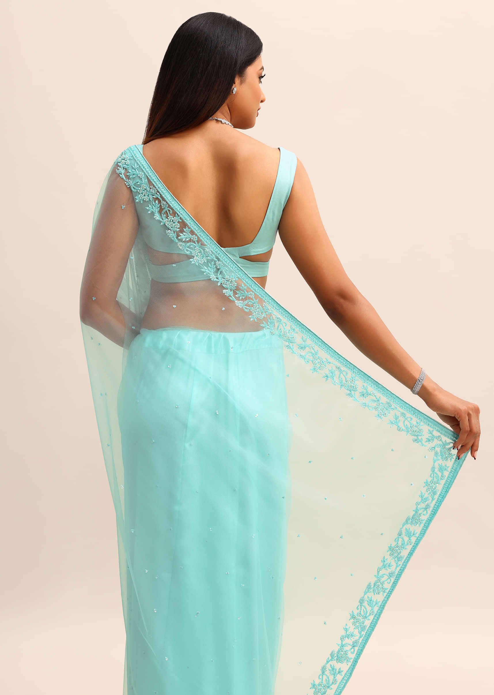 Blue Net Cutdana Saree With Beads Embroidered Border And Unstitched Blouse - Image 6