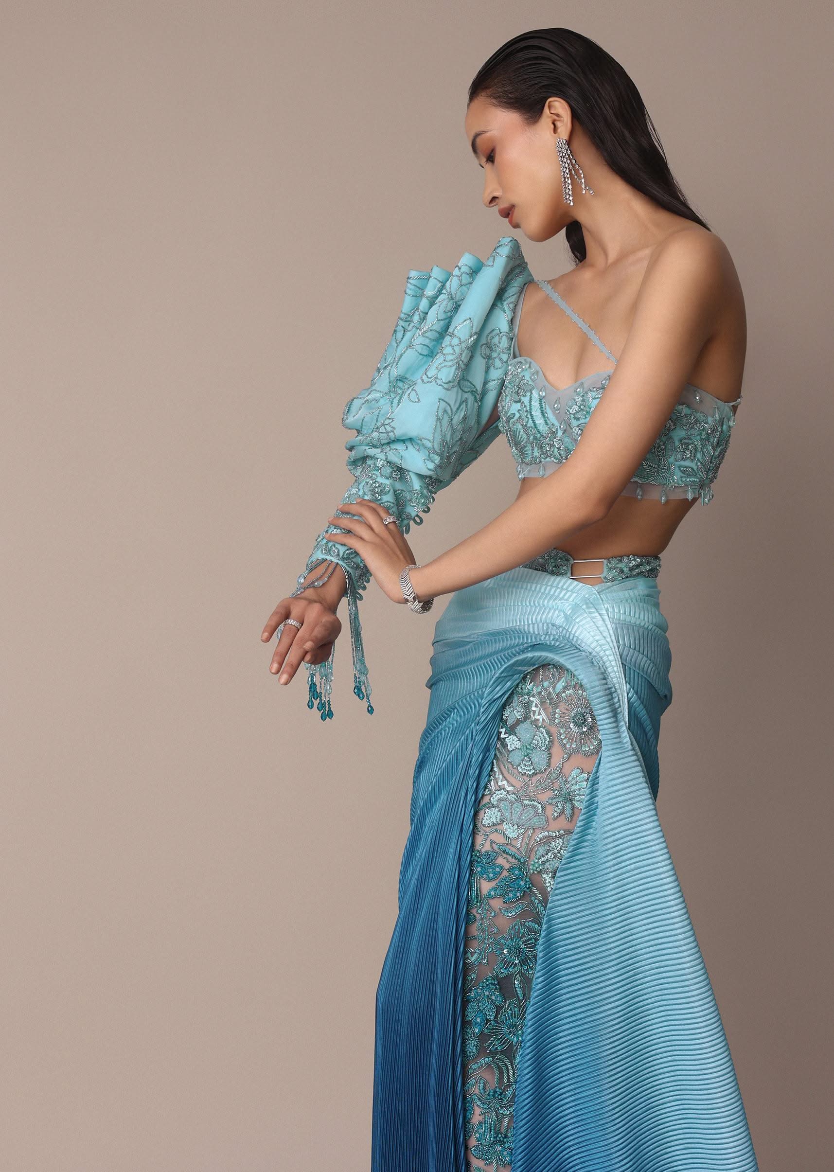 Blue Ombre Asymmetric Slit Trail Skirt And Balloon Sleeve Blouse - Image 5