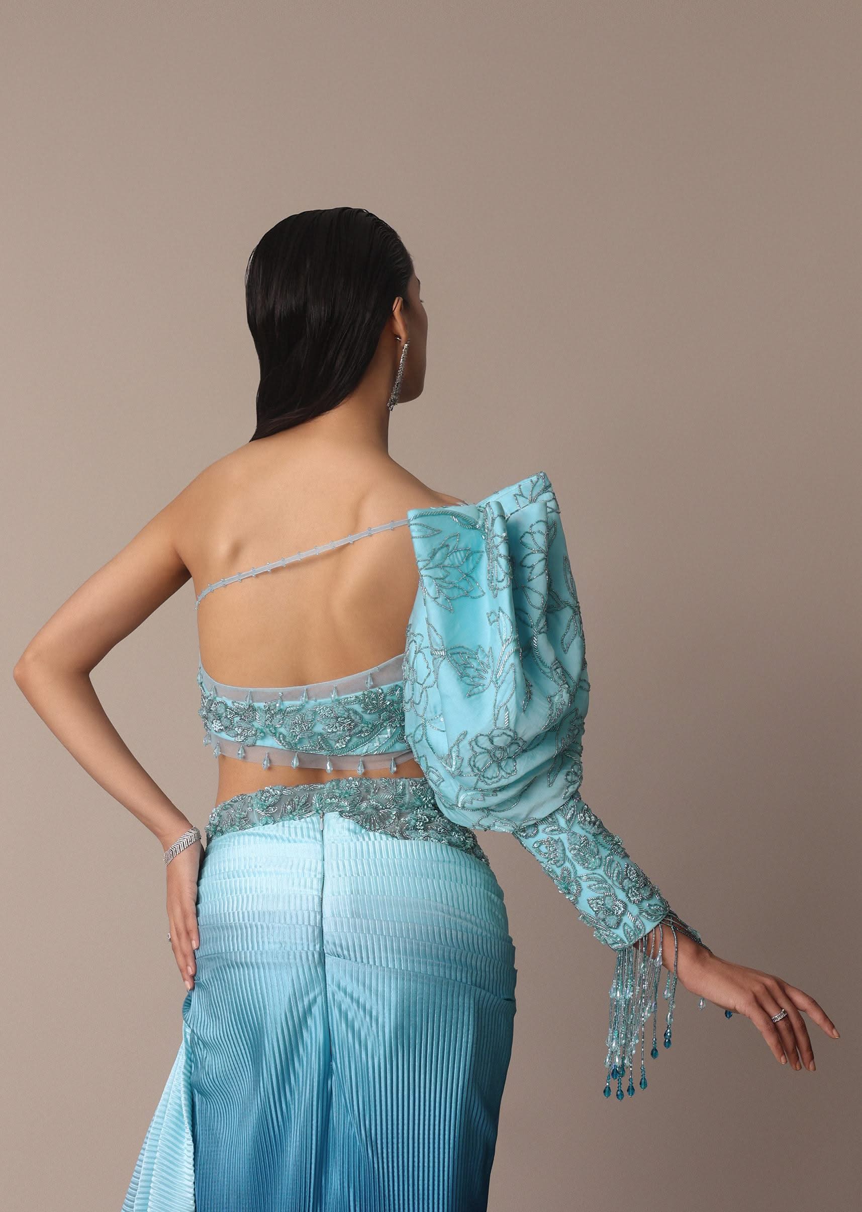 Blue Ombre Asymmetric Slit Trail Skirt And Balloon Sleeve Blouse - Image 6