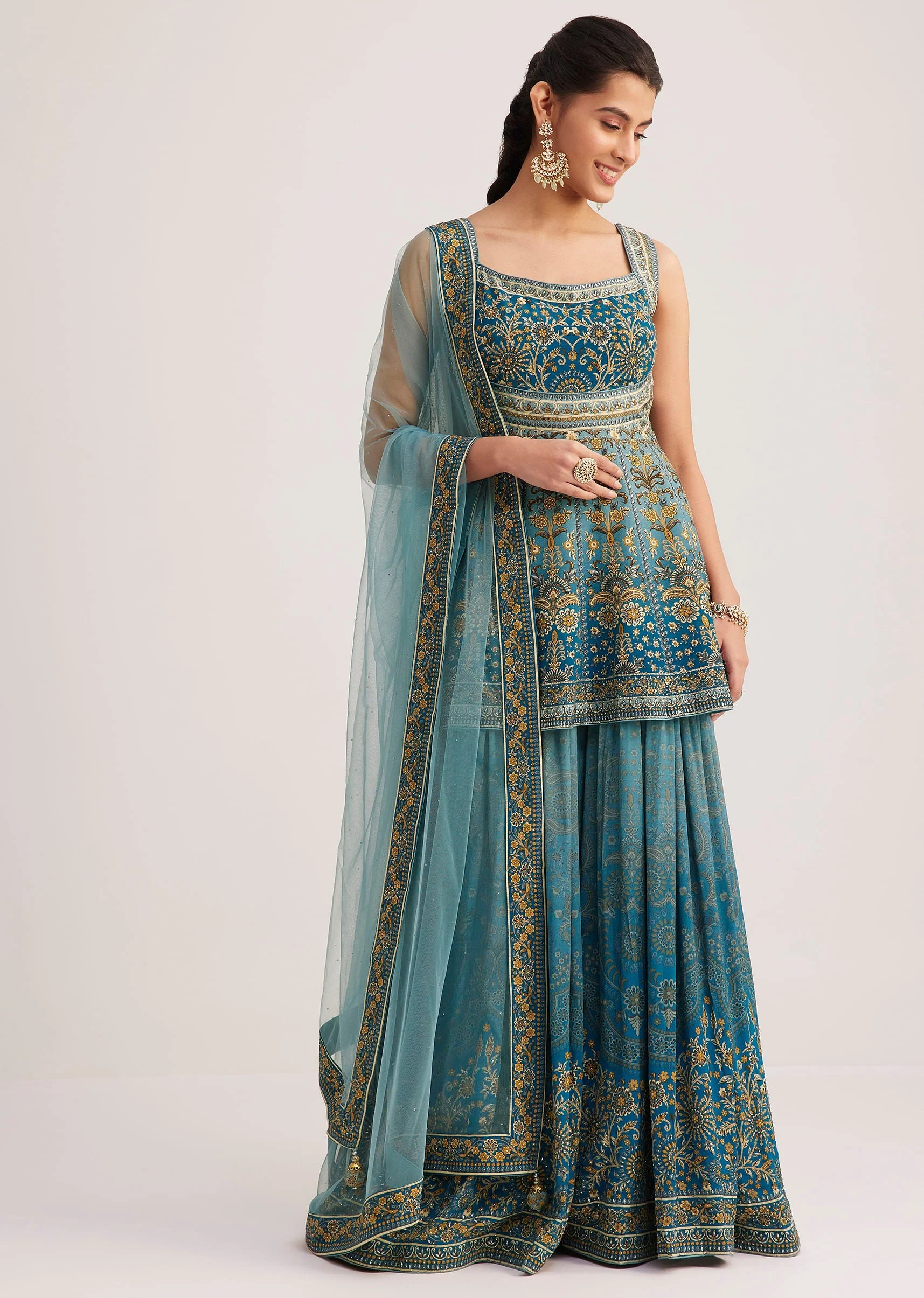 Blue Ombre Crepe Kurta Palazzo Set With Embellished Net Dupatta - Image 4
