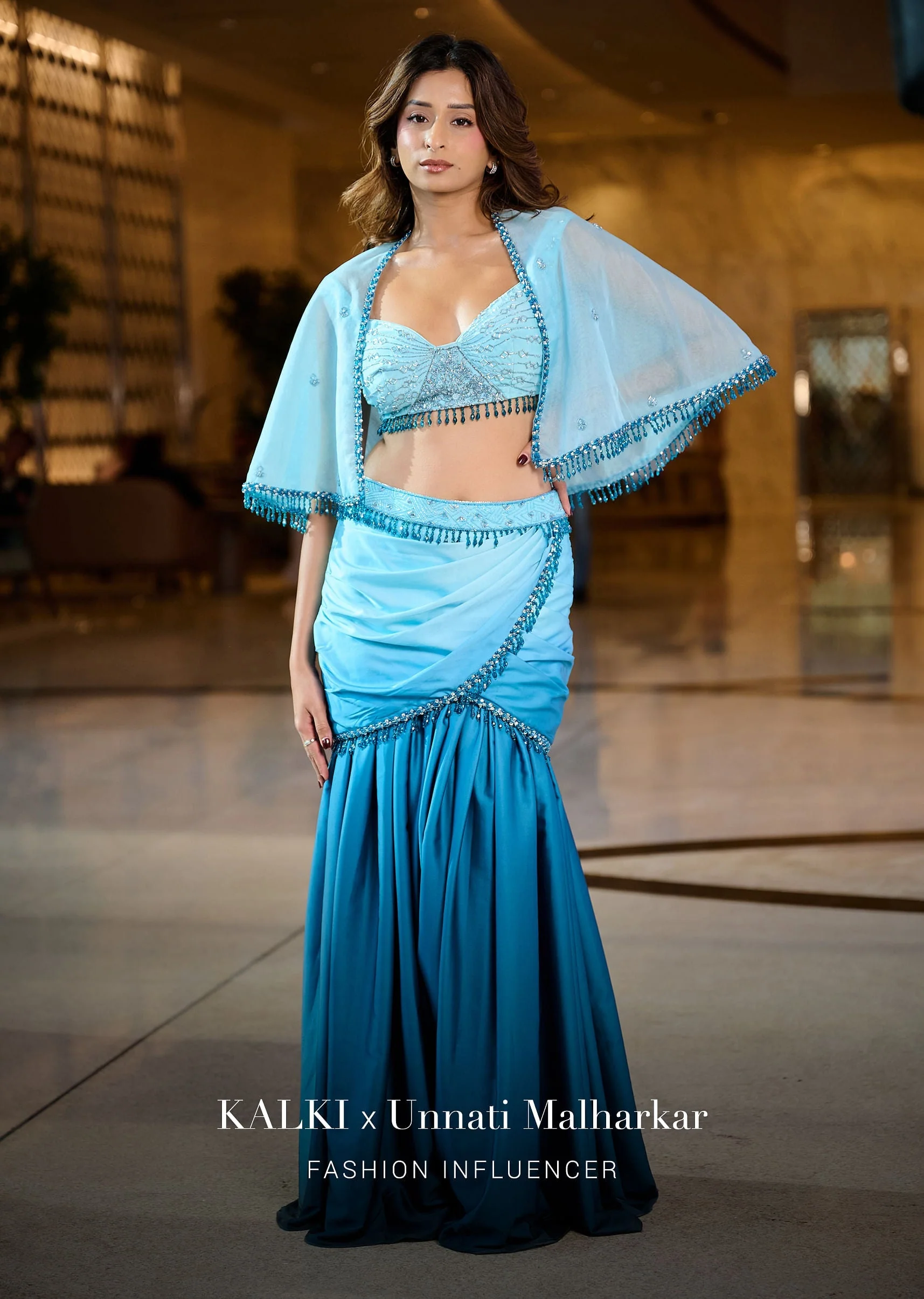 Blue Ombre Draped Skirt With Blouse And Tassel Lace Cape - Image 4