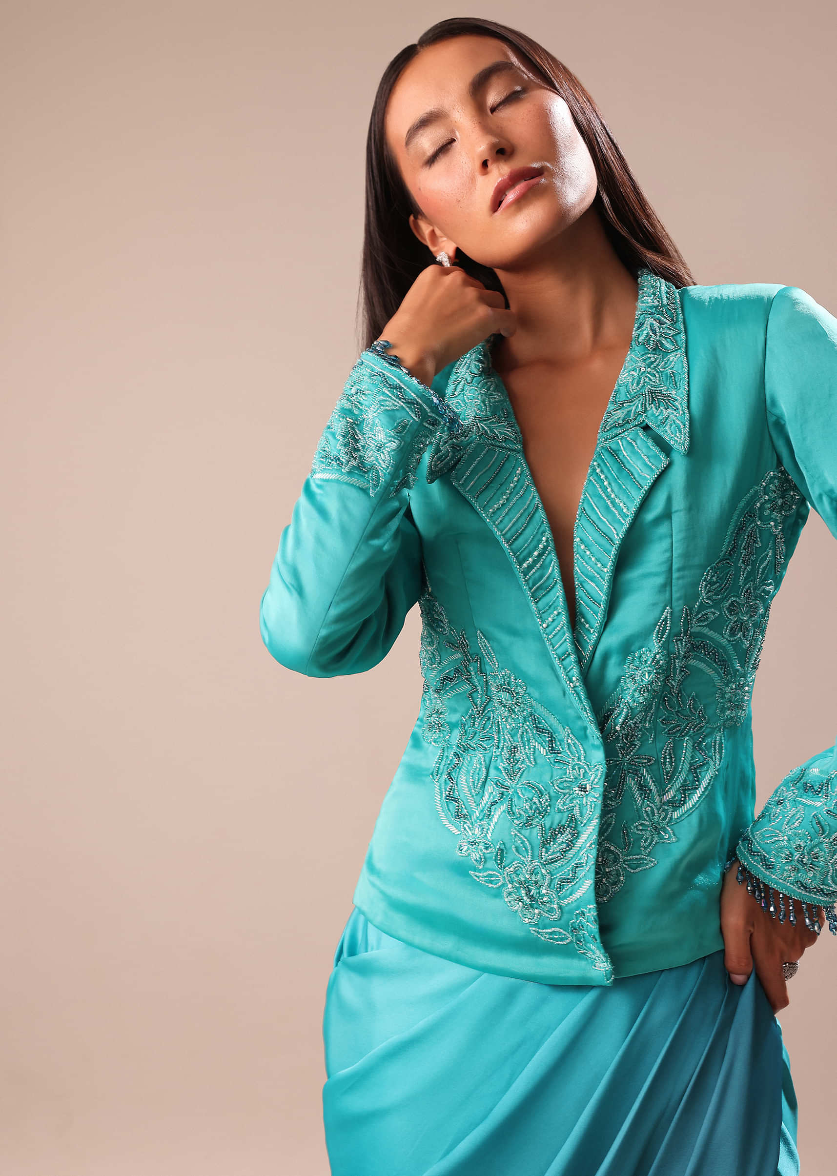 Blue Ombre Draped Skirt WIth Embroidered Jacket - Image 5