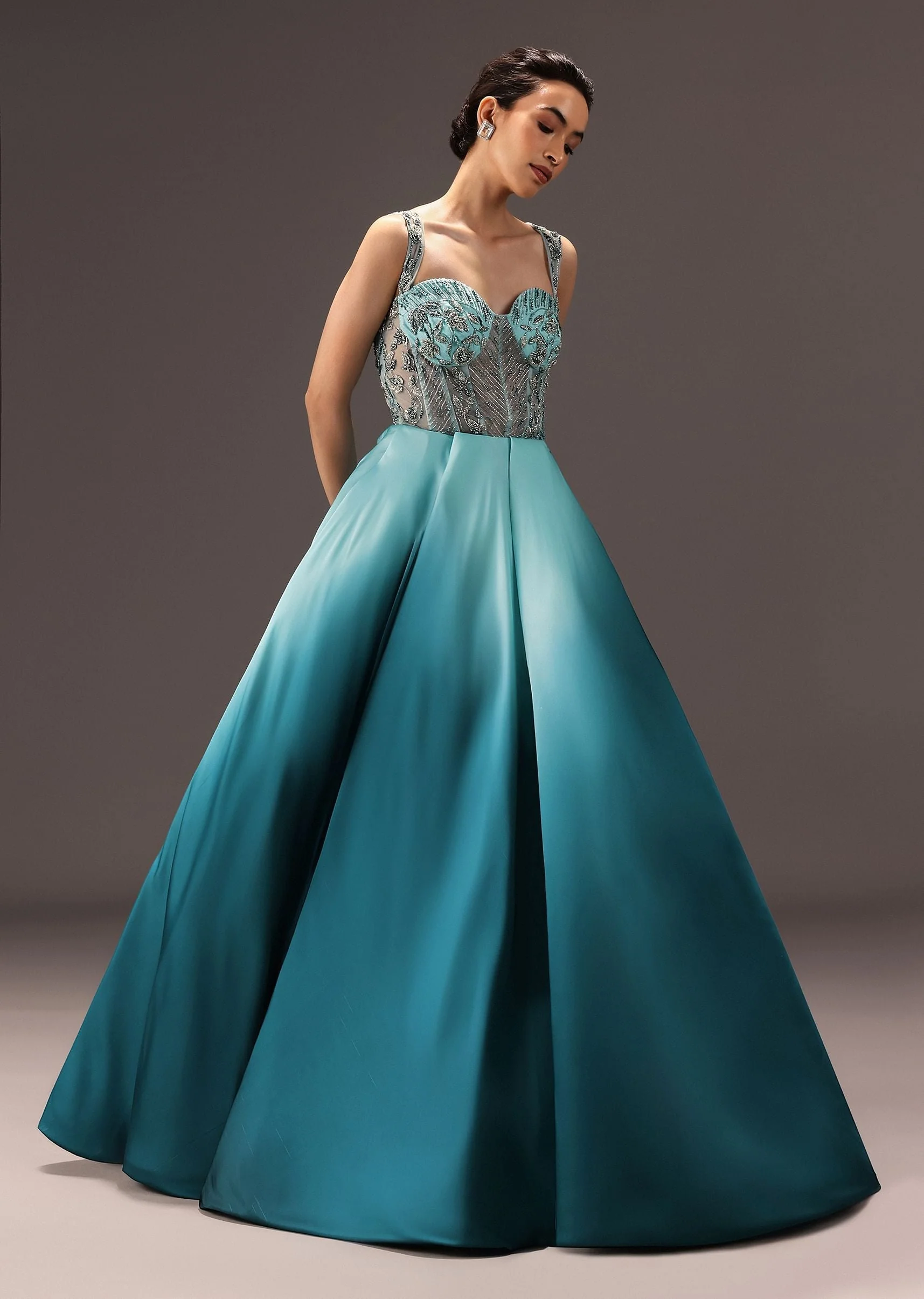 Blue Ombré Flared Gown With Tone On Tone Embroidery - Image 3