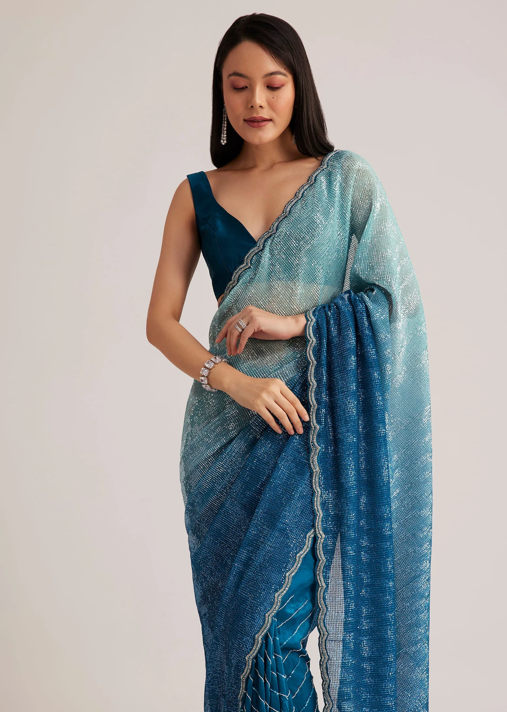 Blue Ombre Half And Half Sequins Saree - Image 2