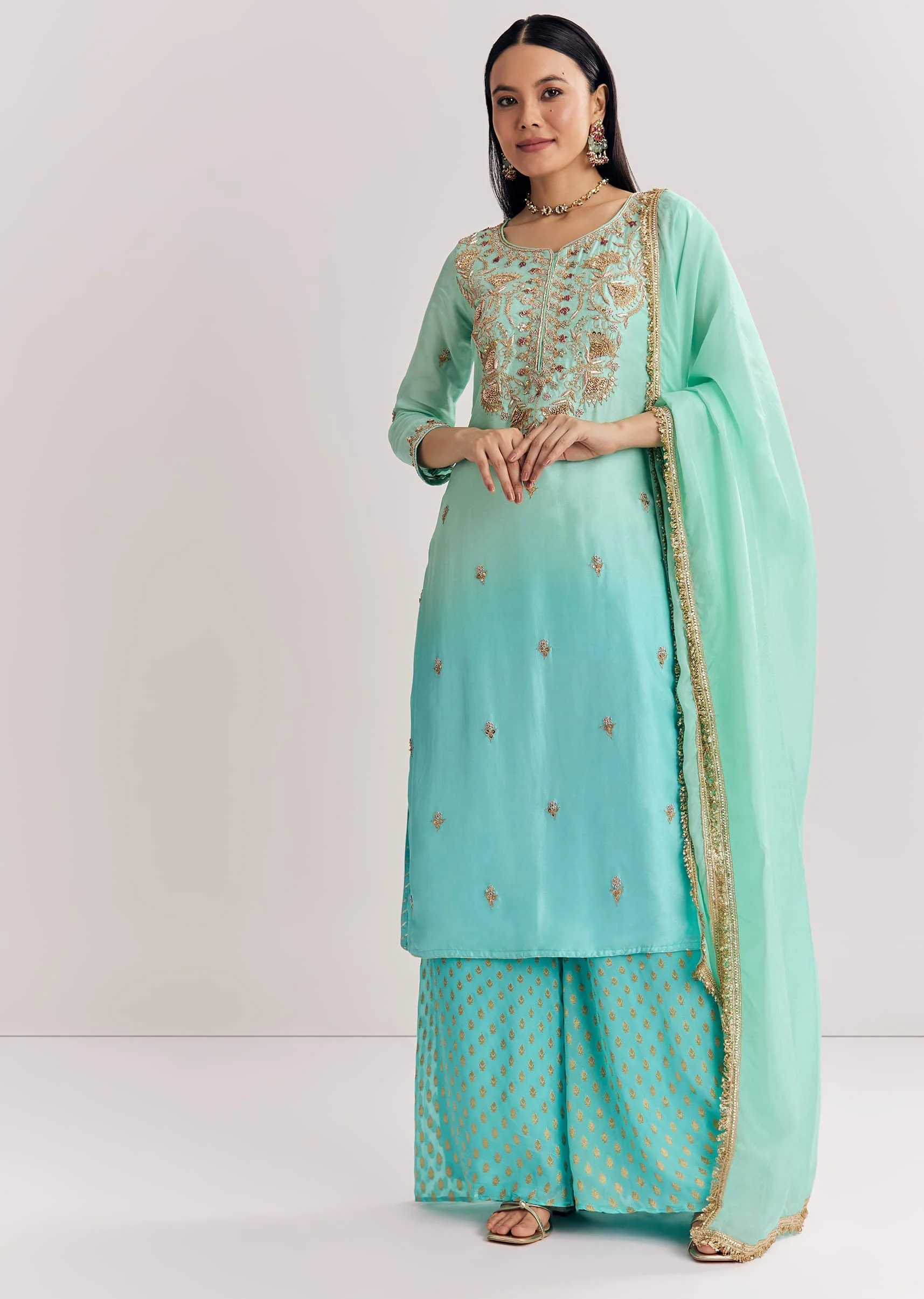 Blue Ombre Kurta Palazzo Suit With Zardosi And Sequins Work - Image 4