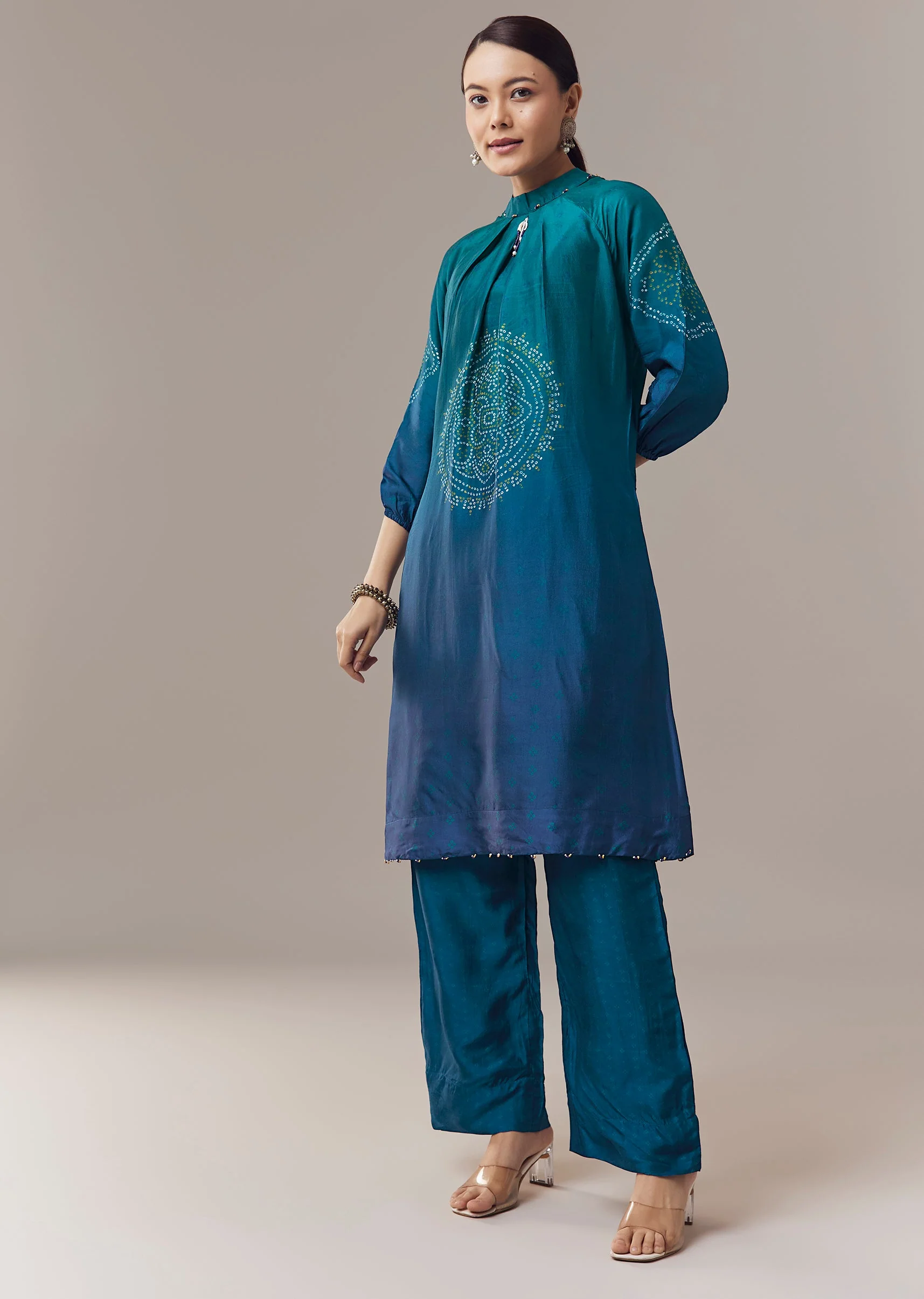 Blue Ombre Silk Coord Set With Bandhani Prints And Beads Work - Image 3